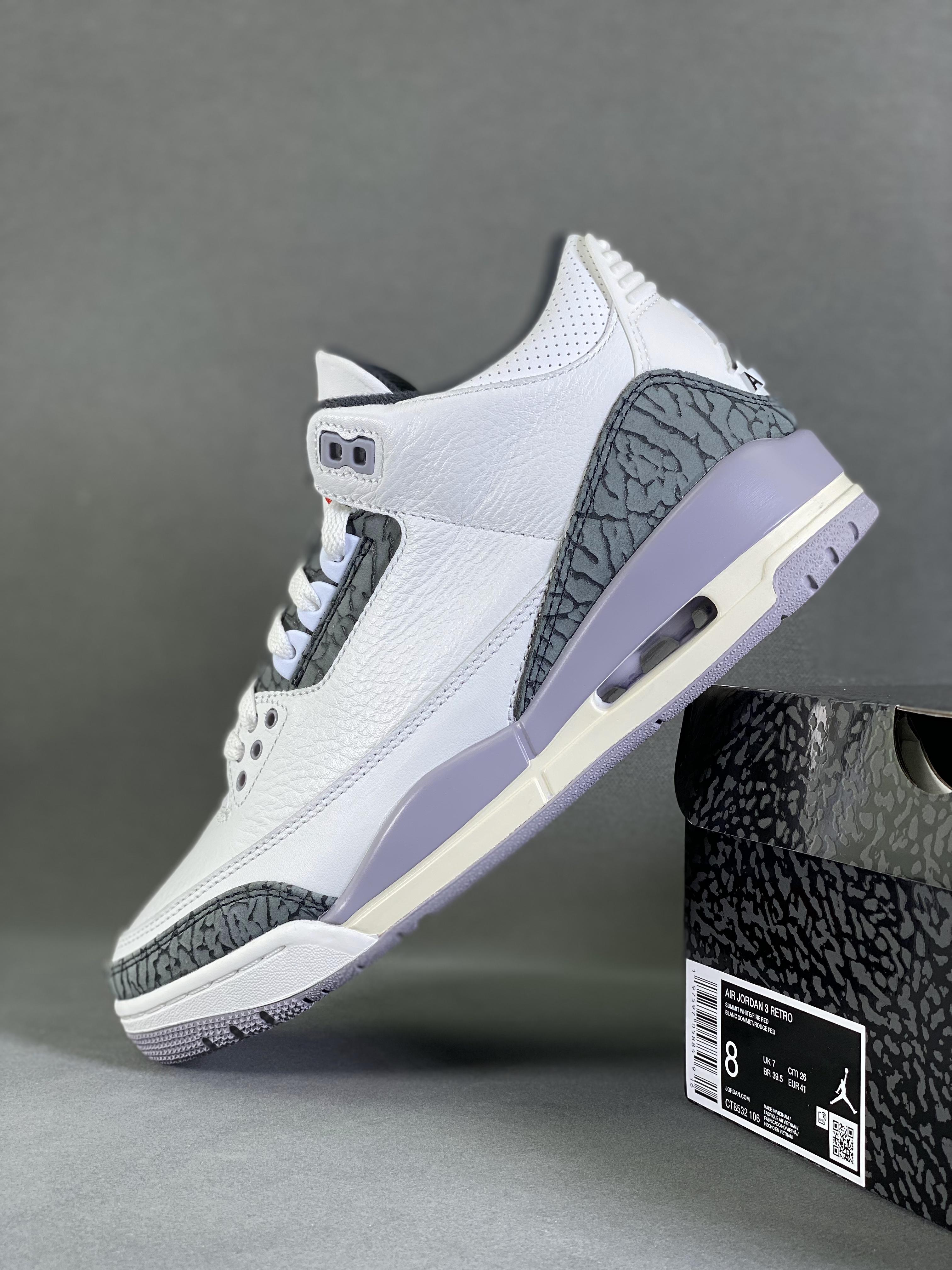 Air Jordan 3 Retro AJ3 series white gray crackle pattern Item number: CT8532-106 Size: 36-46 (with half size) using simple color matching, simple and casual. Jordan brand logo on the shoe body, meticulous workmanship, 9