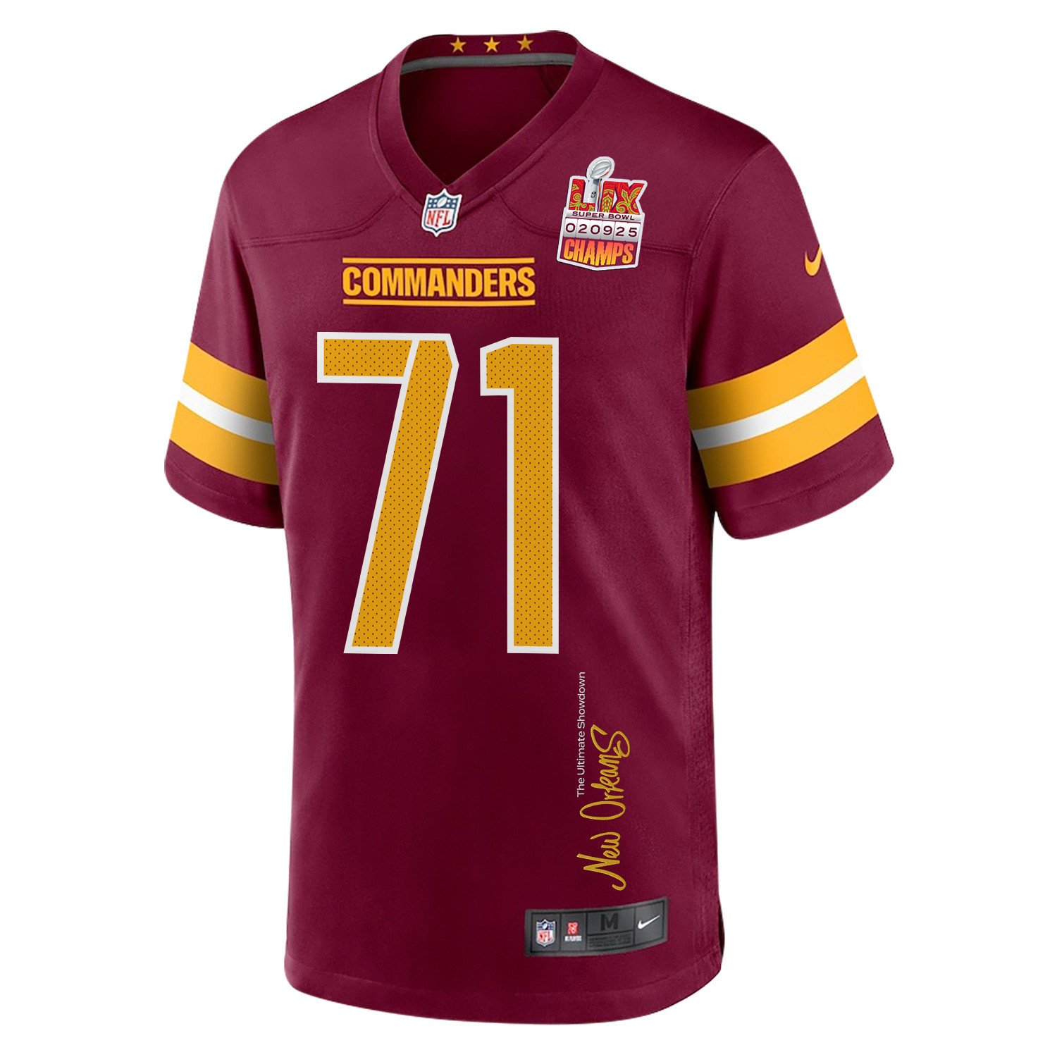 Andrew Wylie 71 Washington Commanders Super Bowl LIX Champions Patch 'New Orleans - The Ultimate Showdown' EMBROIDERED Game Men Jersey - Burgundy