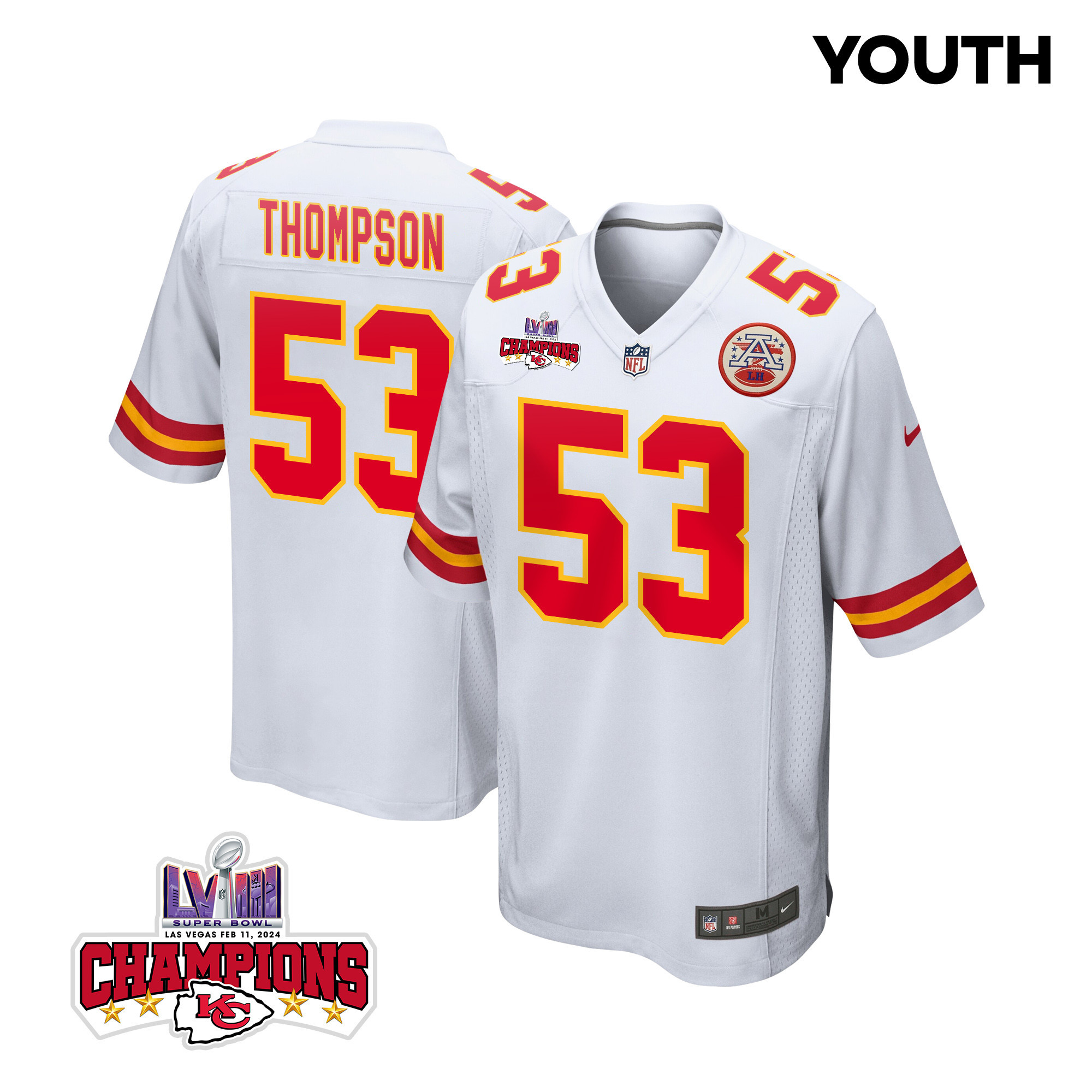 BJ Thompson 53 Kansas City Chiefs Super Bowl LVIII Champions 4 Stars Patch Game YOUTH Jersey - White
