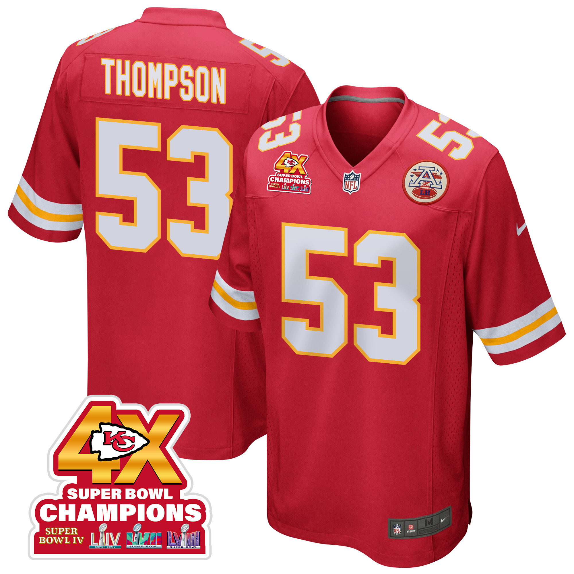 BJ Thompson 53 Kansas City Chiefs Super Bowl LVIII Champions 4X Game Men Jersey - Red