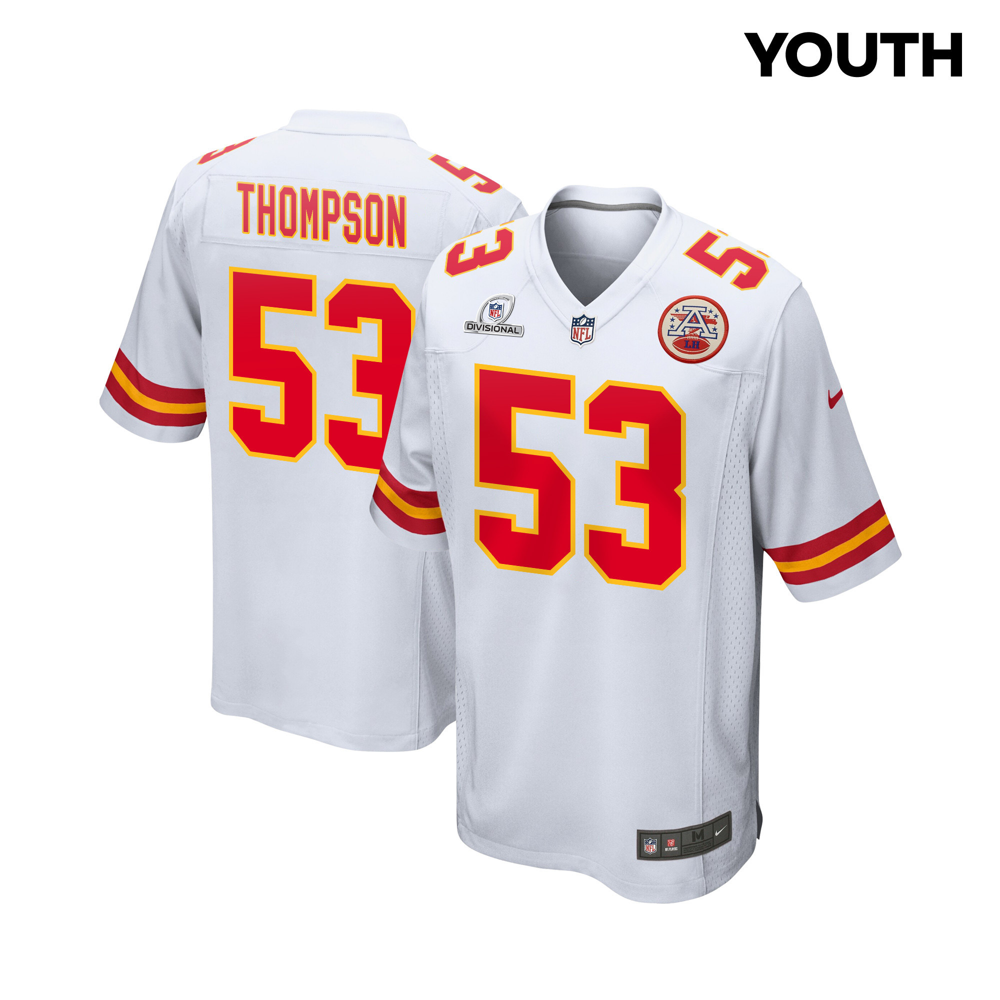 BJ Thompson 53 Kansas City Chiefs Super Bowl LVIII Patch Game YOUTH Jersey - White