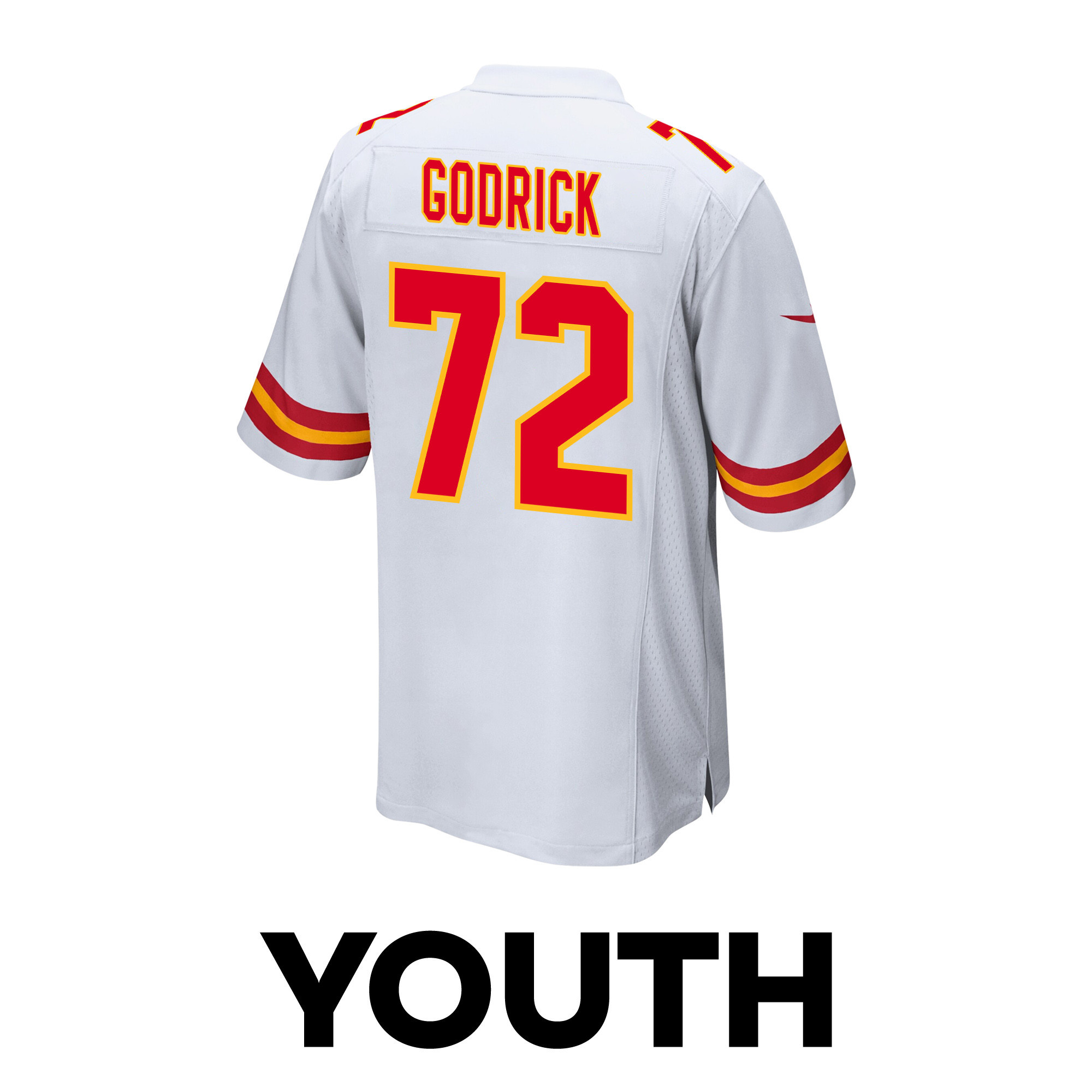 Chukwuebuka Godrick 72 Kansas City Chiefs Super Bowl LVIII Champions 4 Stars Patch Game YOUTH Jersey - White