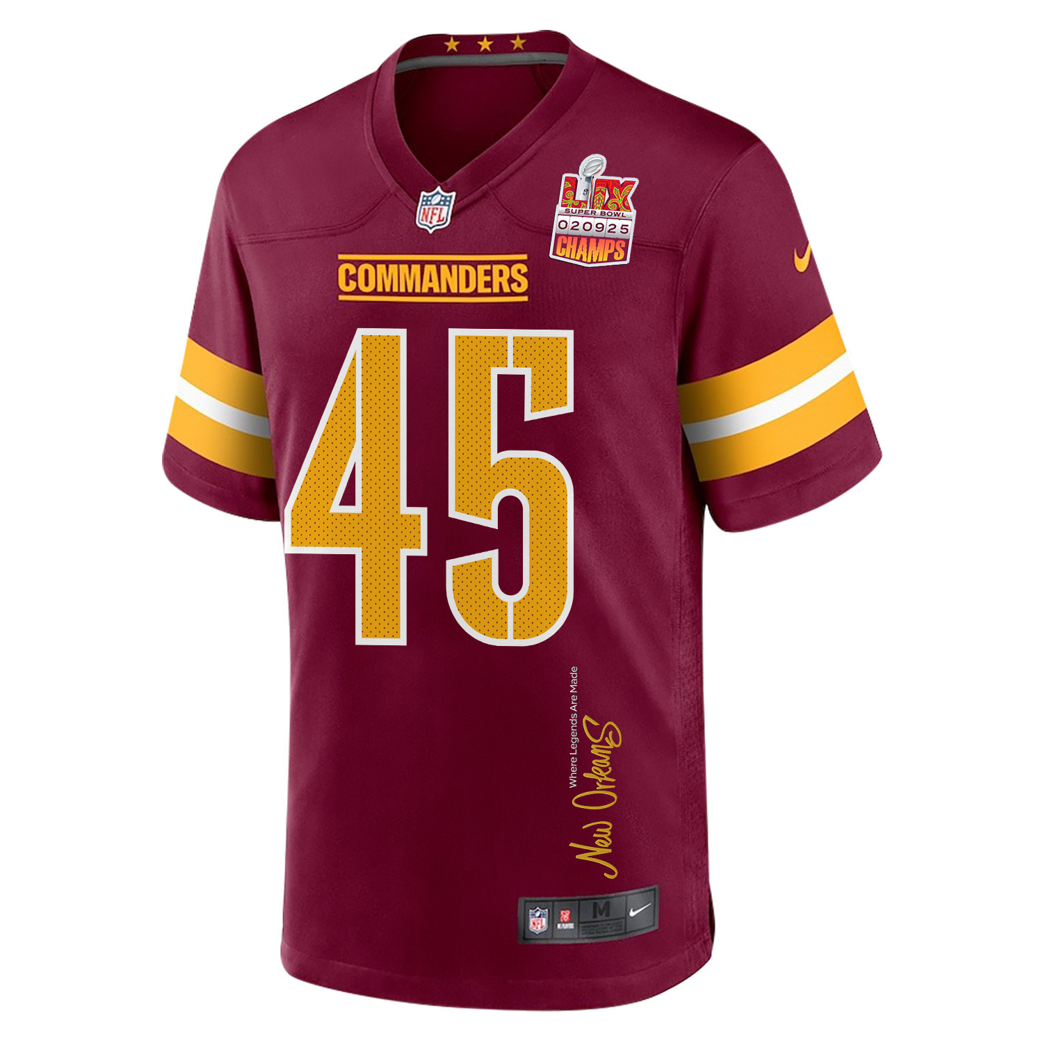 Dominique Hampton 45 Washington Commanders Super Bowl LIX Champions Patch 'New Orleans - Where Legends Are Made' EMBROIDERED Game Men Jersey - Burgundy