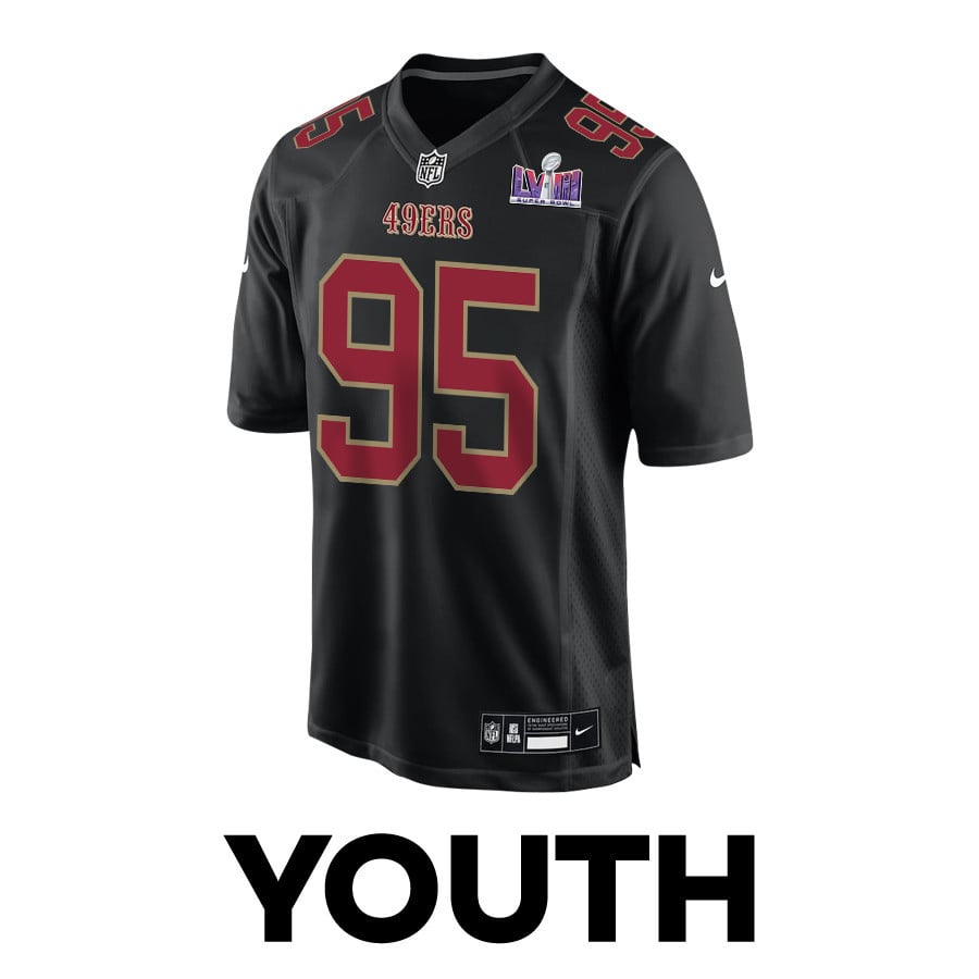 Drake Jackson 95 San Francisco 49ers Super Bowl LVIII Patch Fashion Game YOUTH Jersey – Carbon Black