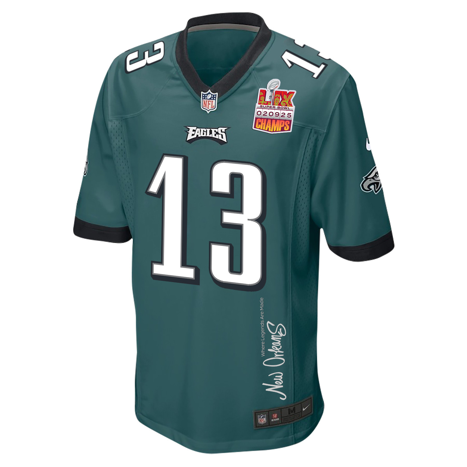 Ian Book 13 Philadelphia Eagles Super Bowl LIX Champions Patch 'New Orleans - Where Legends Are Made' EMBROIDERED Game Men Jersey - Midnight Green