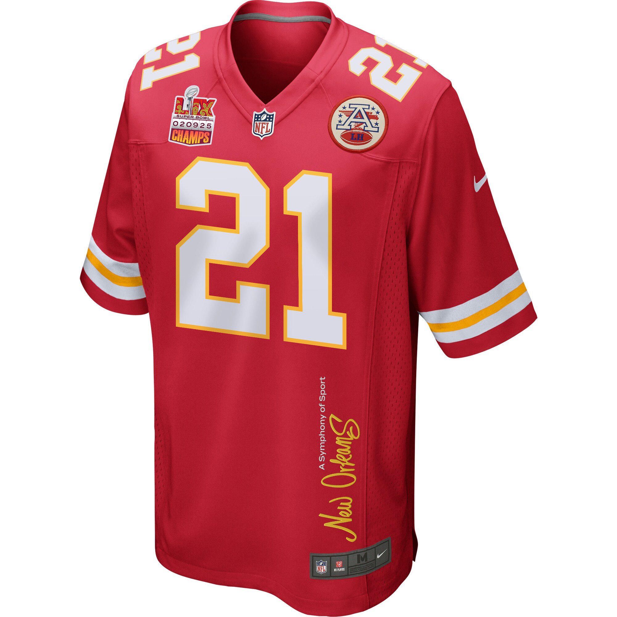 Jaden Hicks 21 Kansas City Chiefs Super Bowl LIX Champions Patch 'New Orleans - A Symphony of Sport' EMBROIDERED Game Men Jersey - Red