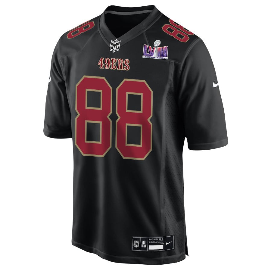 Jake Tonges 88 San Francisco 49ers Super Bowl LVIII Patch Fashion Game Men Jersey – Carbon Black