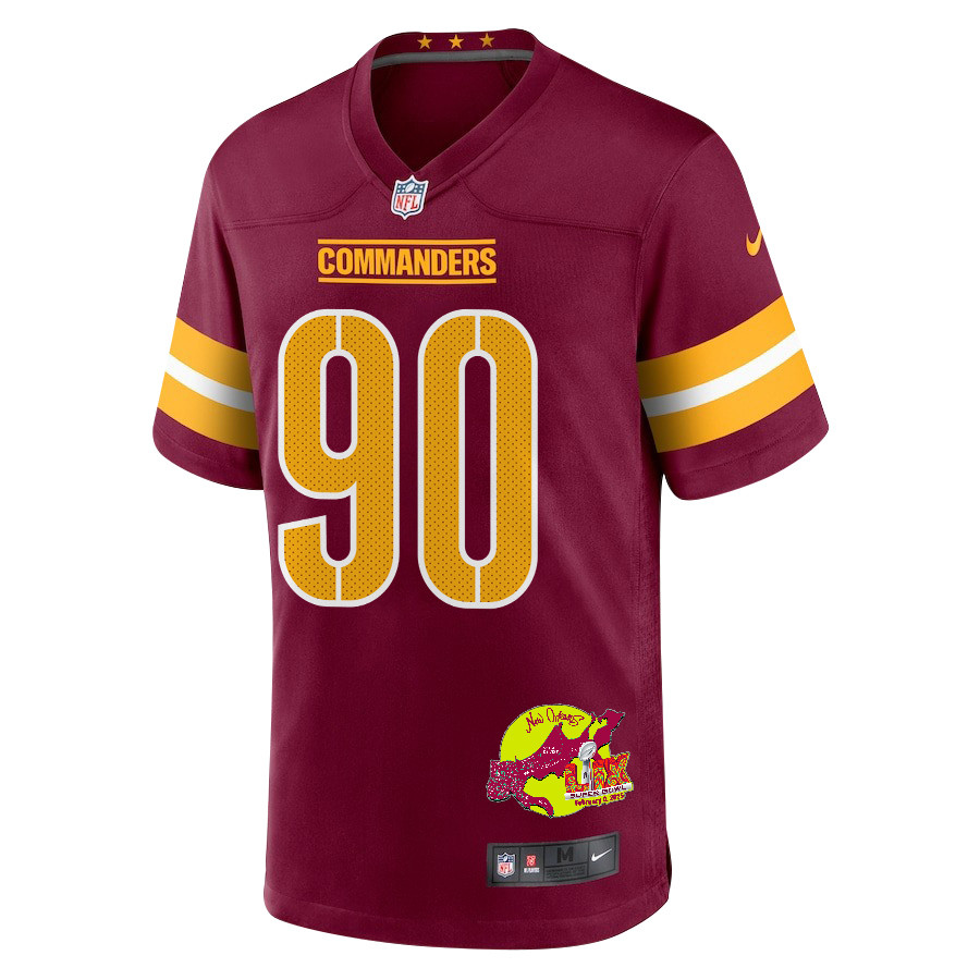 Javontae Jean-Baptiste 90 Washington Commanders Super Bowl LIX New Orleans Patch Game Men Jersey - Burgundy