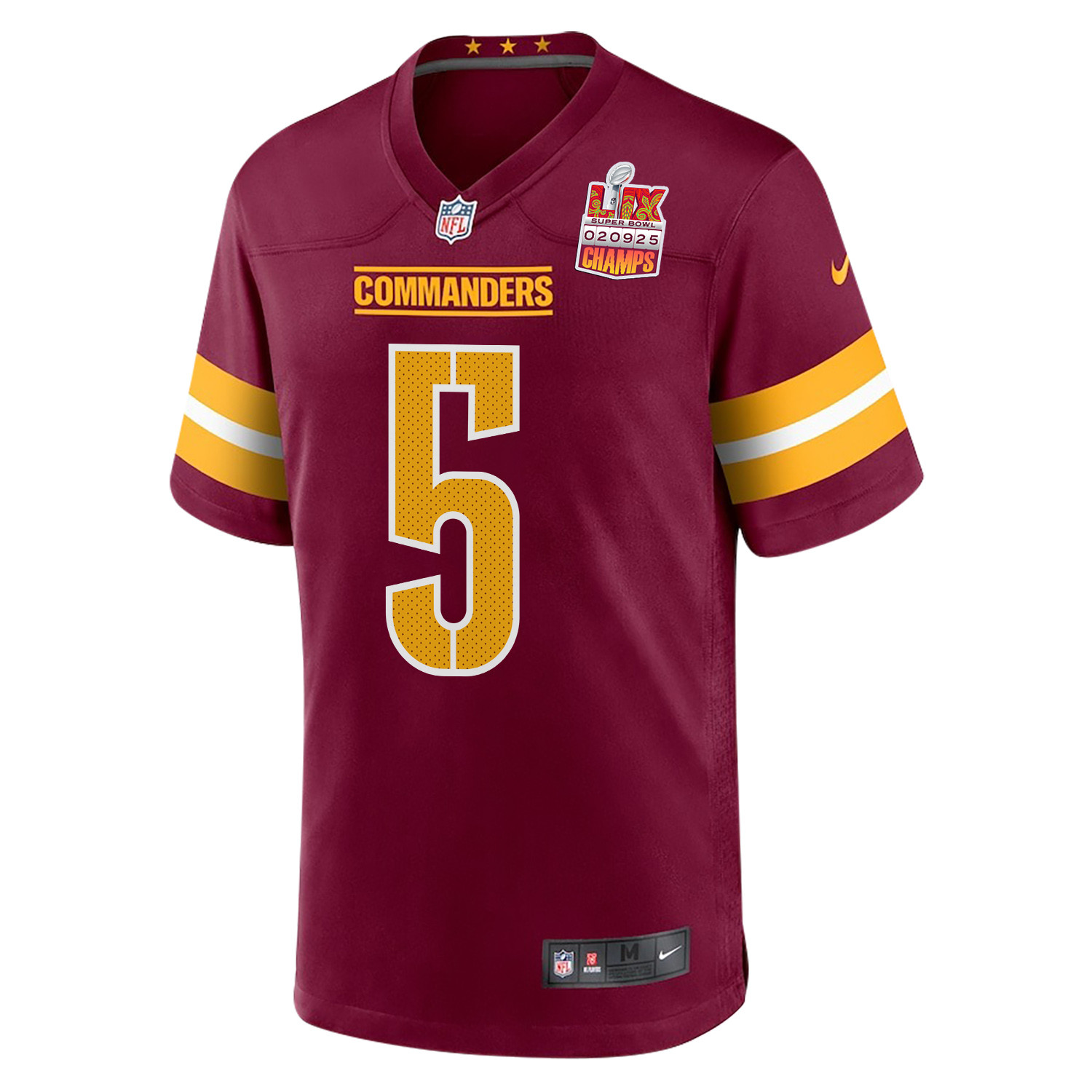 Jayden Daniels 5 Washington Commanders Super Bowl LIX Champions Patch Game Men Jersey - Burgundy
