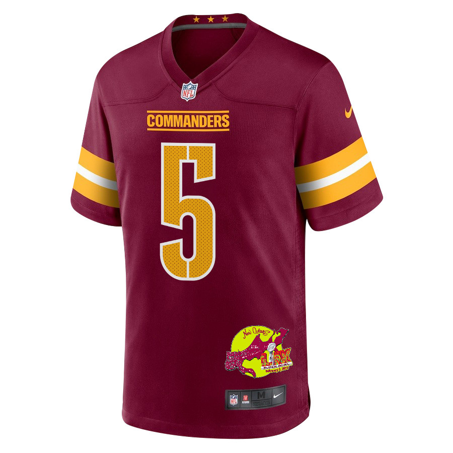 Jayden Daniels 5 Washington Commanders Super Bowl LIX New Orleans Patch Game Men Jersey - Burgundy