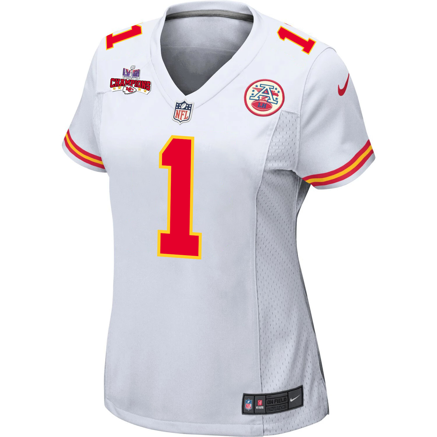 Jerick McKinnon 1 Kansas City Chiefs Super Bowl LVIII Champions 4 Stars Patch Game Women Jersey – White