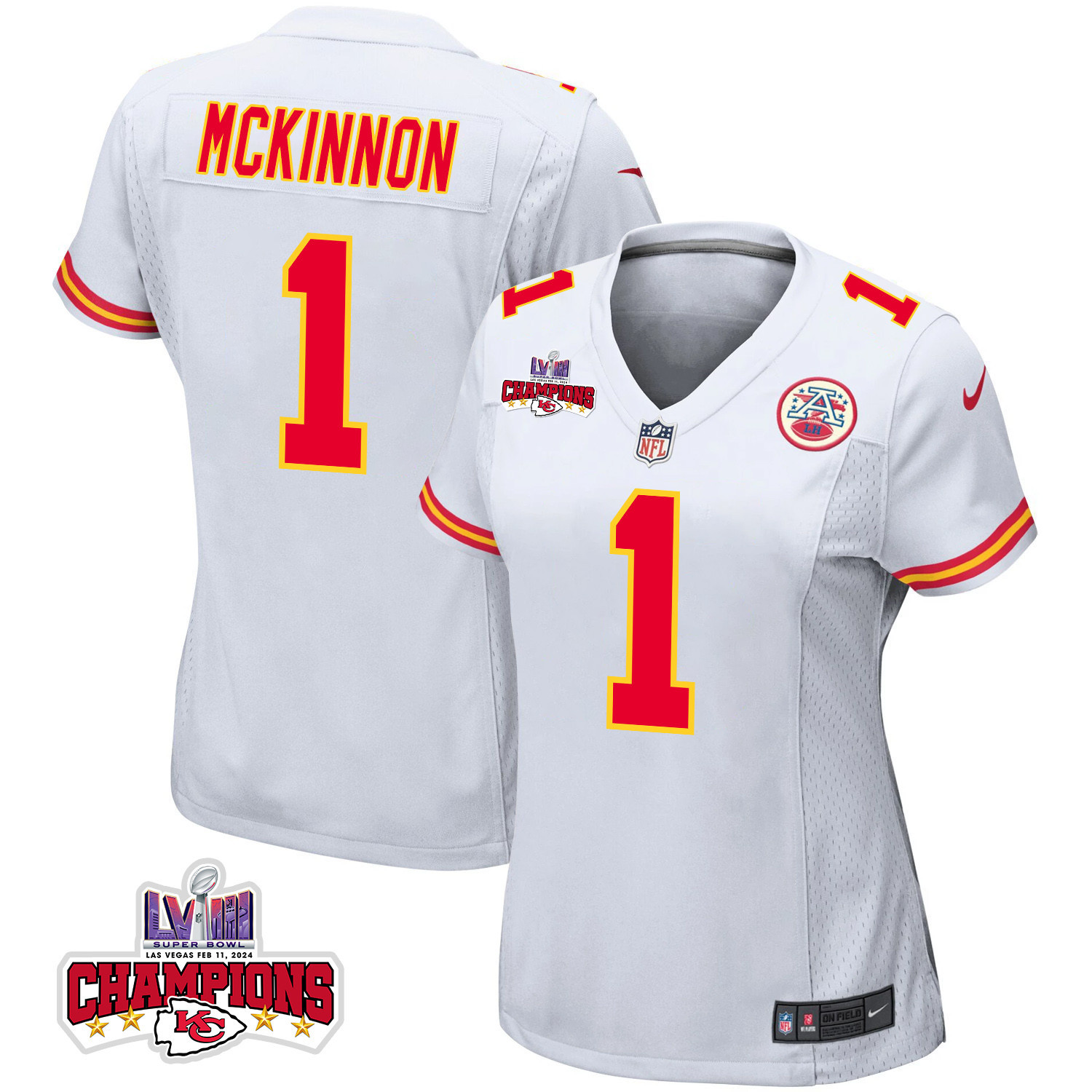 Jerick McKinnon 1 Kansas City Chiefs Super Bowl LVIII Champions 4 Stars Patch Game Women Jersey - White