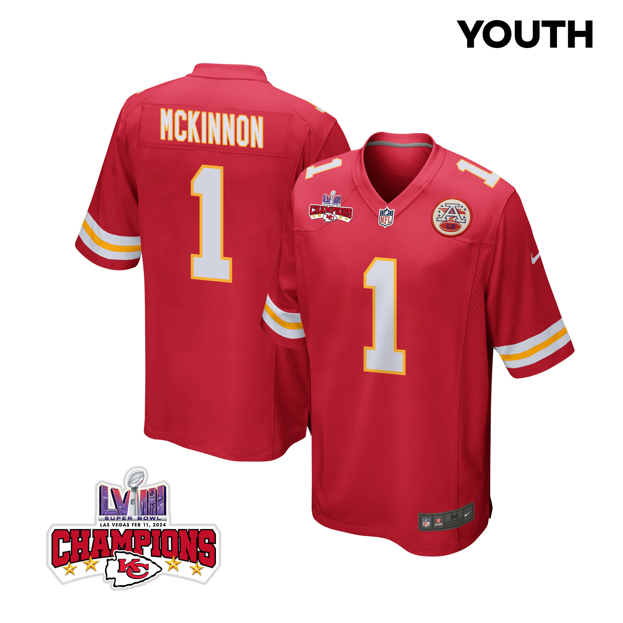 Jerick McKinnon 1 Kansas City Chiefs Super Bowl LVIII Champions 4 Stars Patch Game YOUTH Jersey - Red