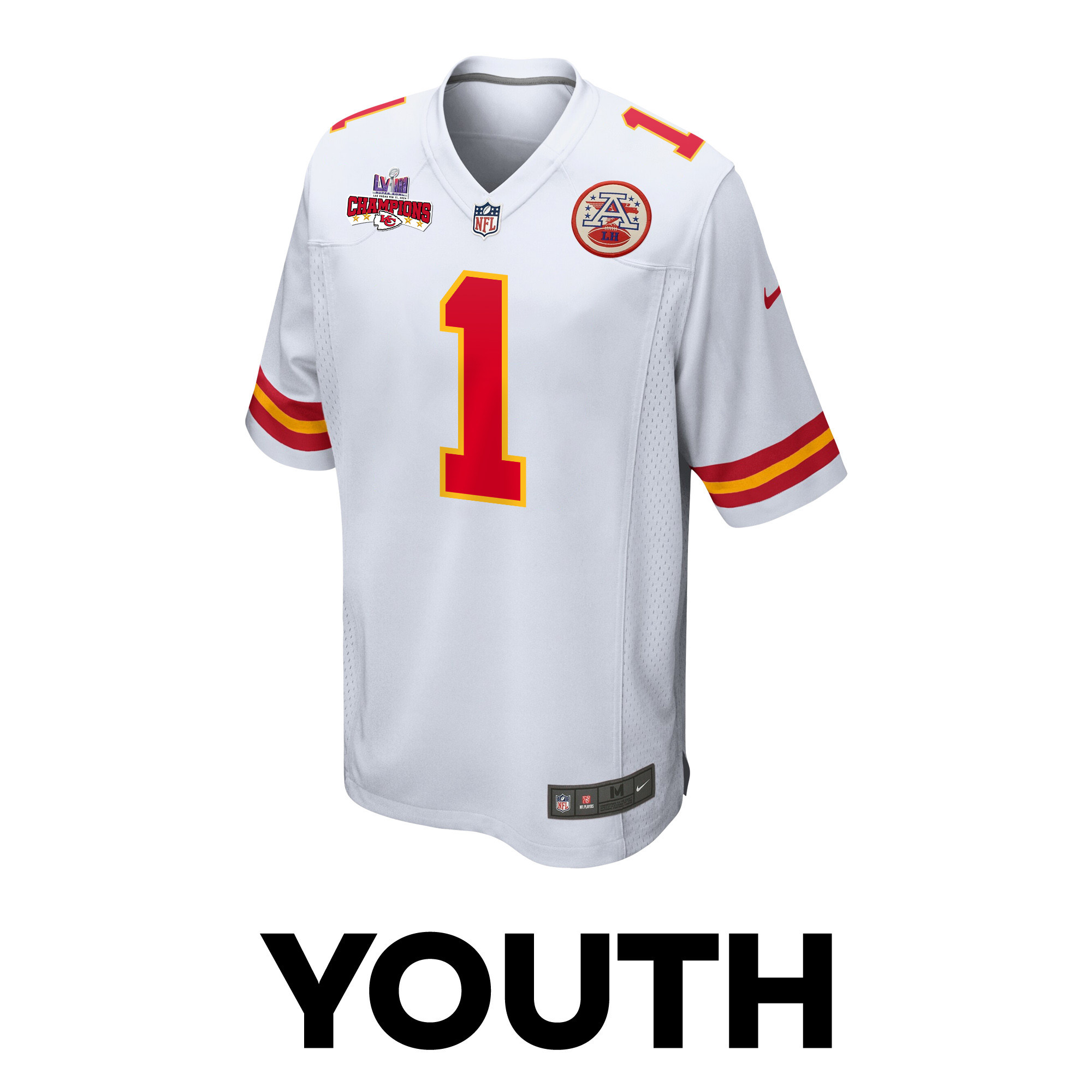 Jerick McKinnon 1 Kansas City Chiefs Super Bowl LVIII Champions 4 Stars Patch Game YOUTH Jersey – White