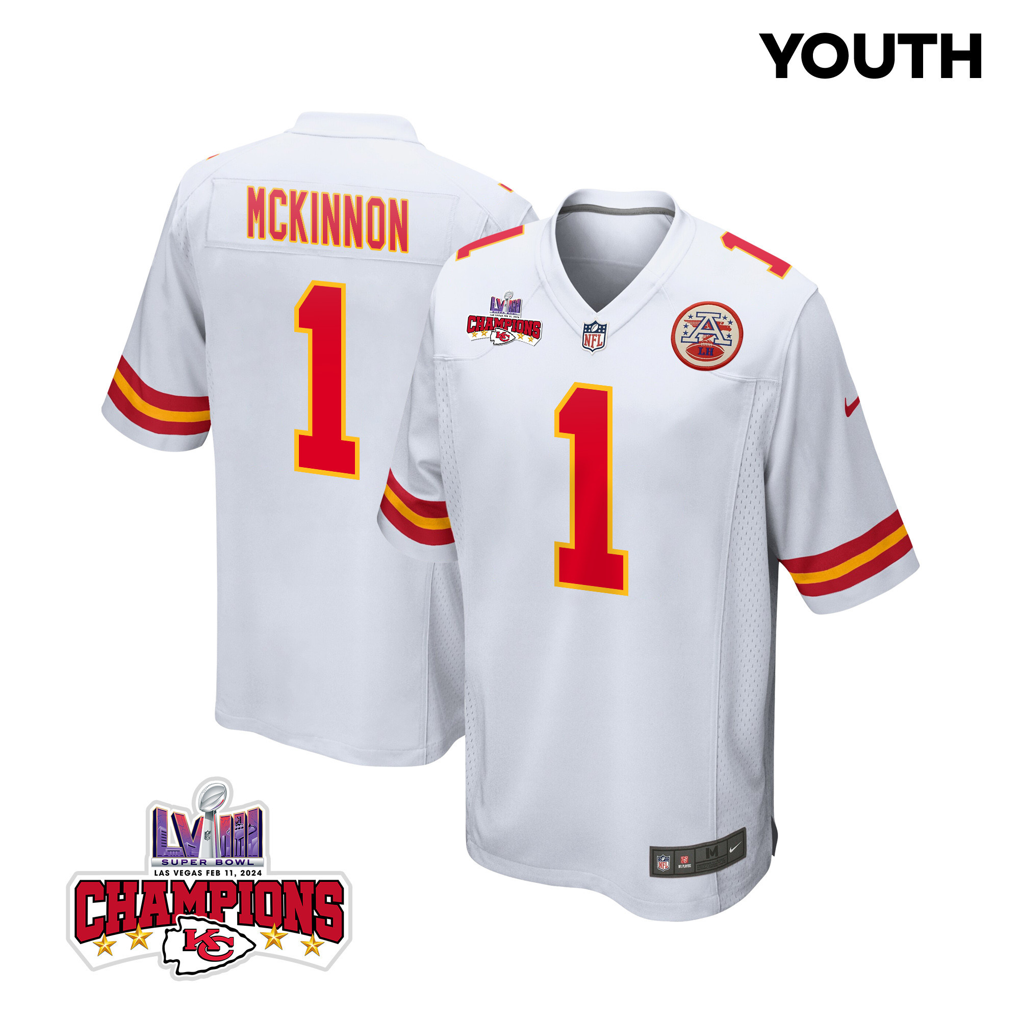 Jerick McKinnon 1 Kansas City Chiefs Super Bowl LVIII Champions 4 Stars Patch Game YOUTH Jersey - White