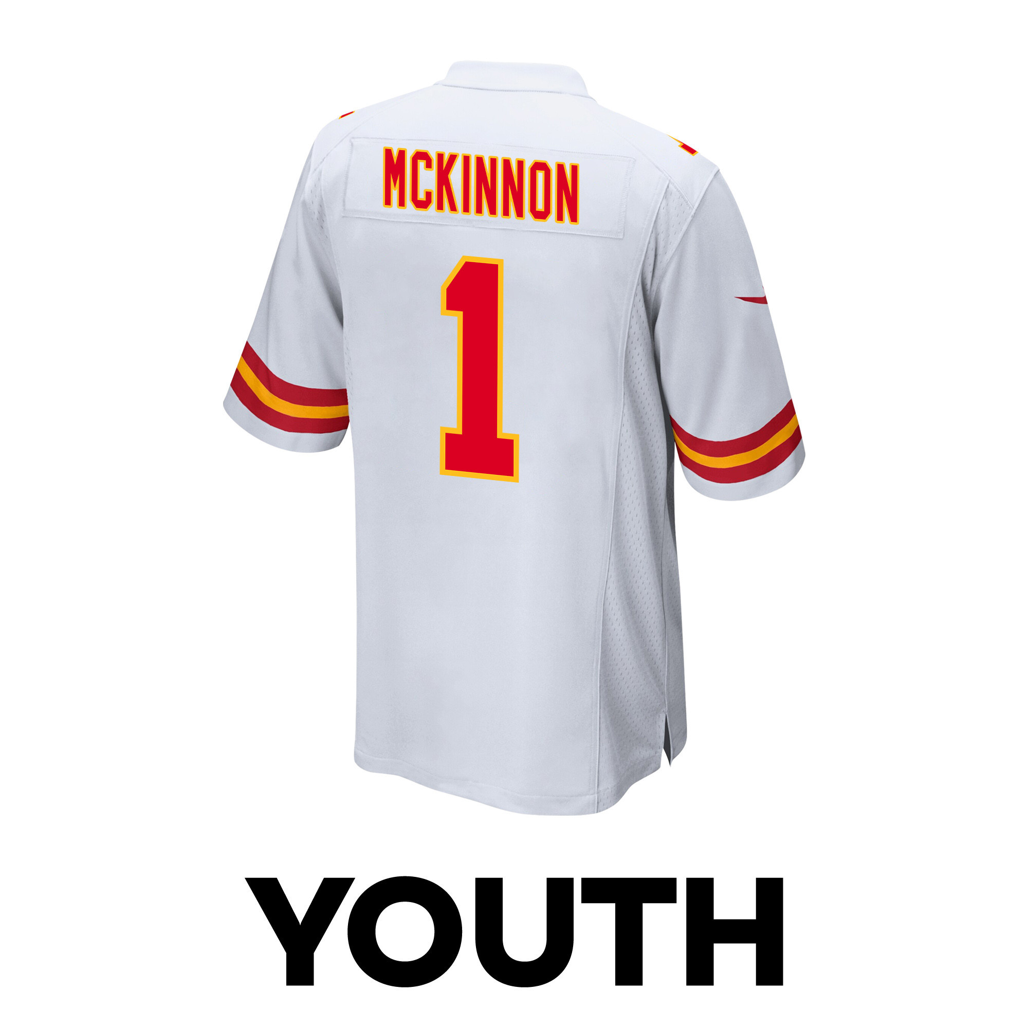Jerick McKinnon 1 Kansas City Chiefs Super Bowl LVIII Champions 4 Stars Patch Game YOUTH Jersey - White