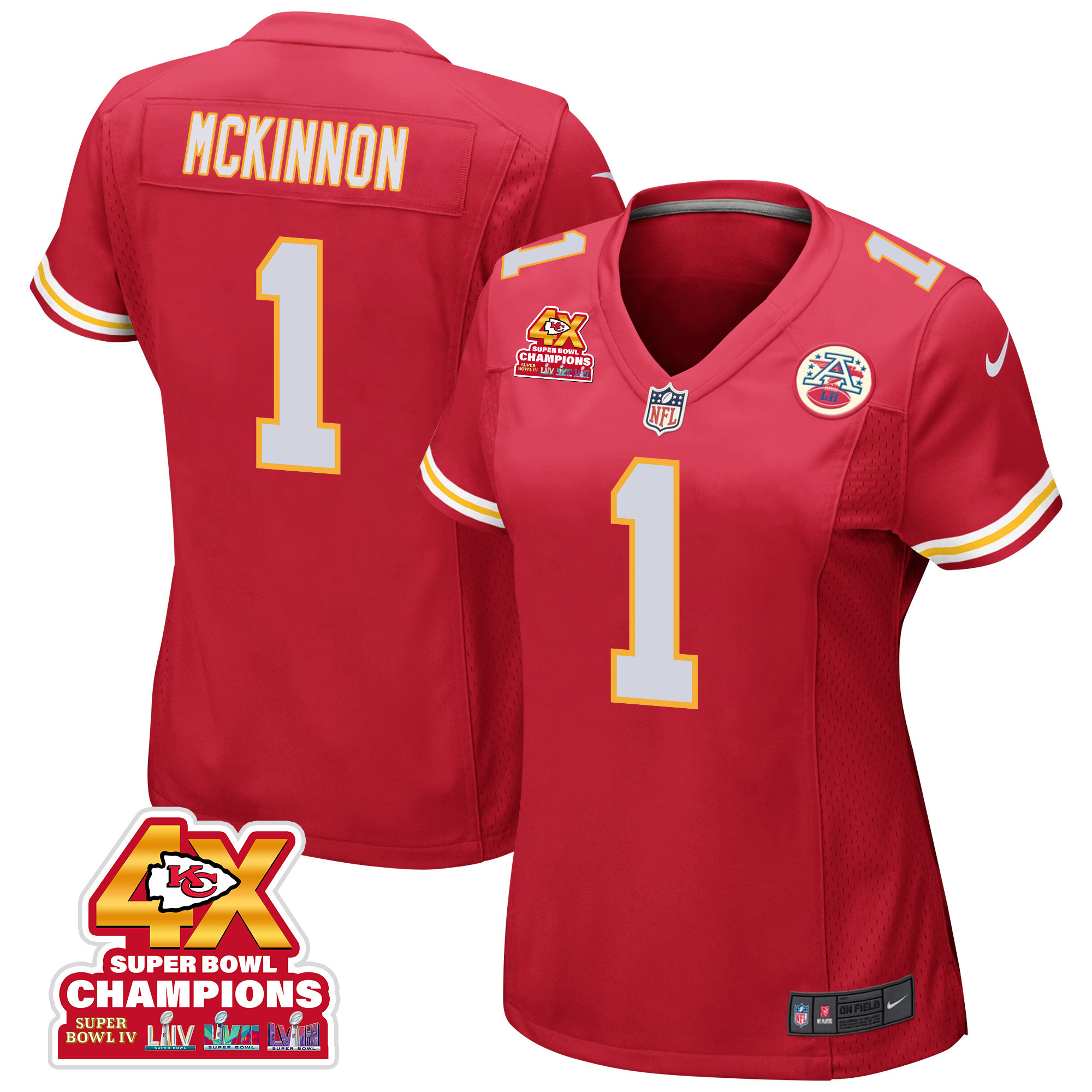Jerick McKinnon 1 Kansas City Chiefs Super Bowl LVIII Champions 4X Game Women Jersey - Red