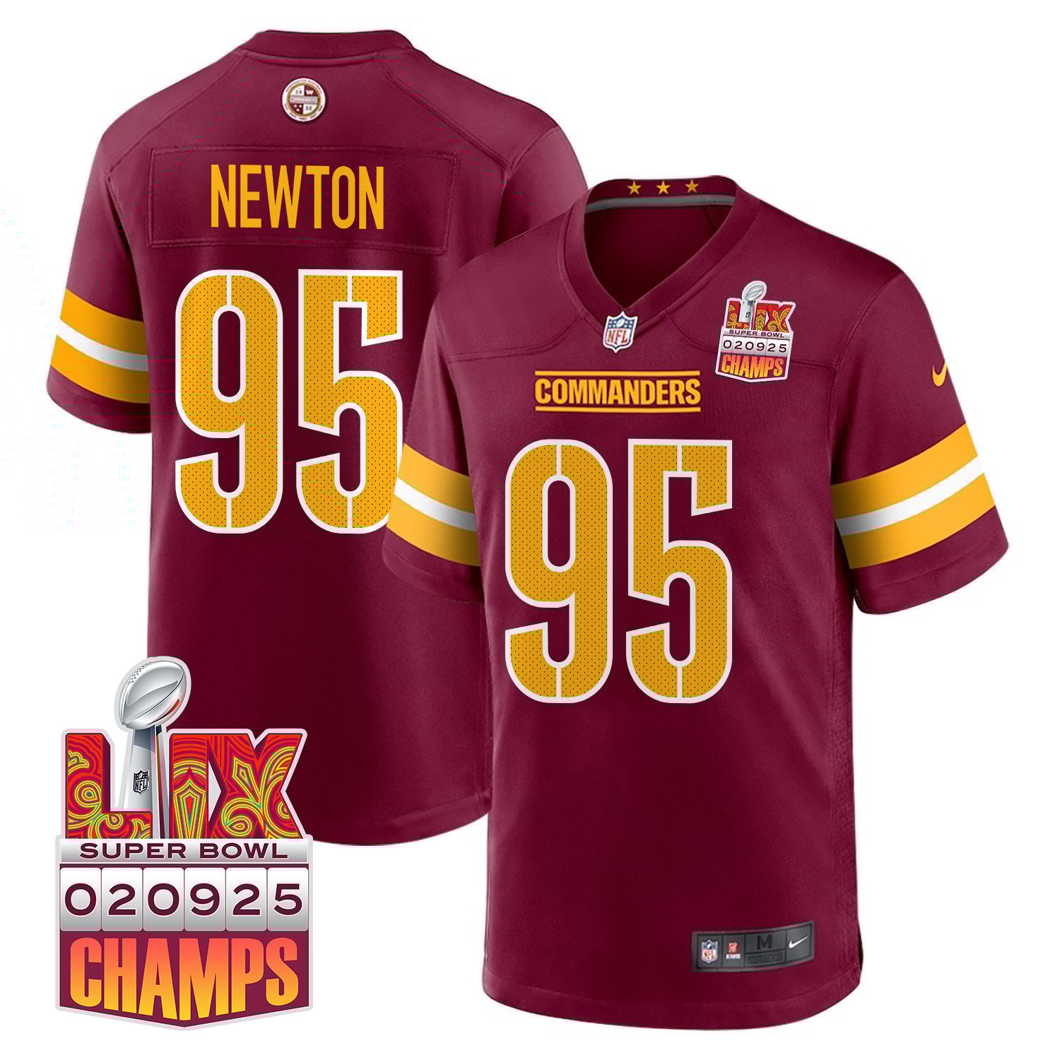 Jer'Zhan Newton 95 Washington Commanders Super Bowl LIX Champions Patch Game Men Jersey - Burgundy