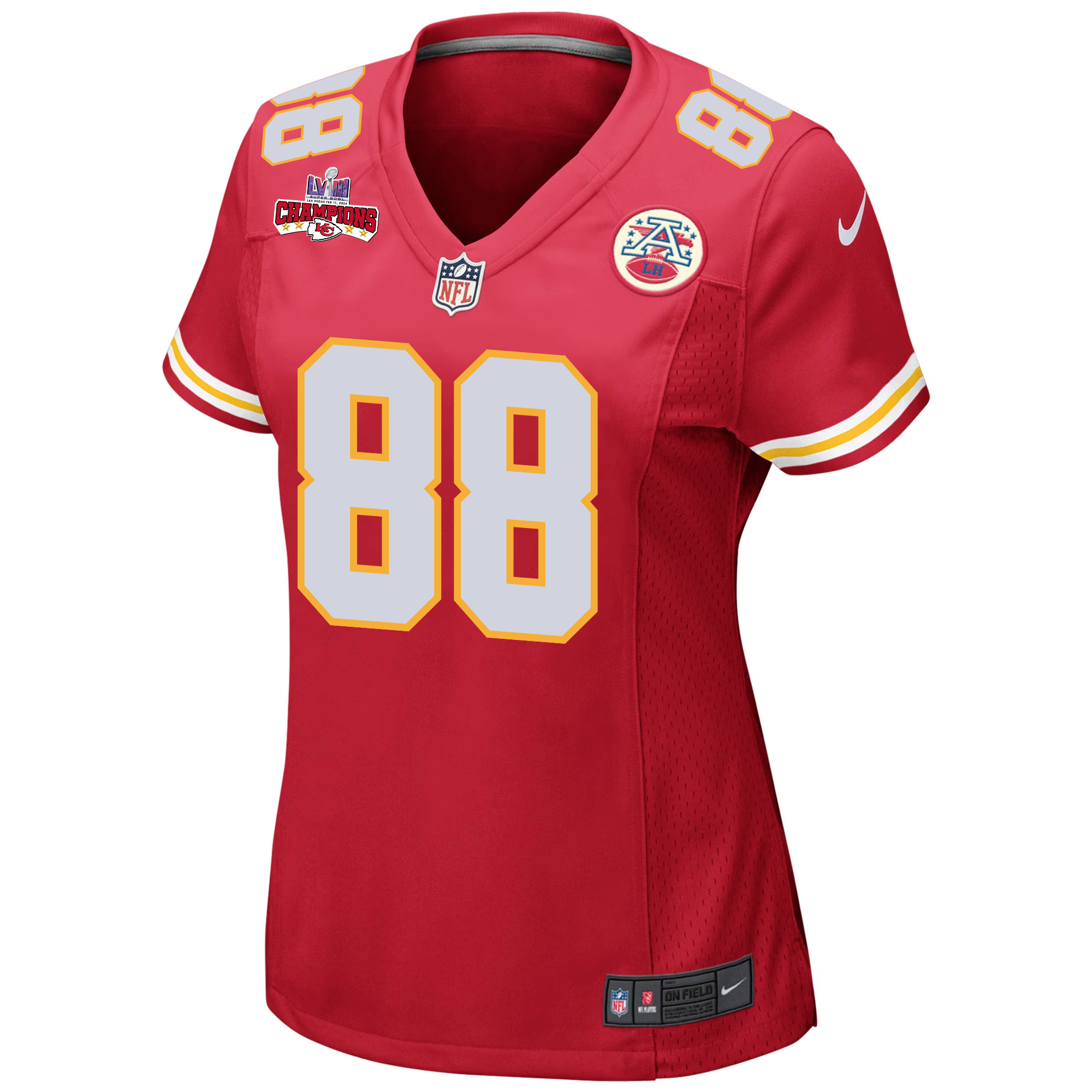 Jody Fortson 88 Kansas City Chiefs Super Bowl LVIII Champions 4 Stars Patch Game Women Jersey – Red