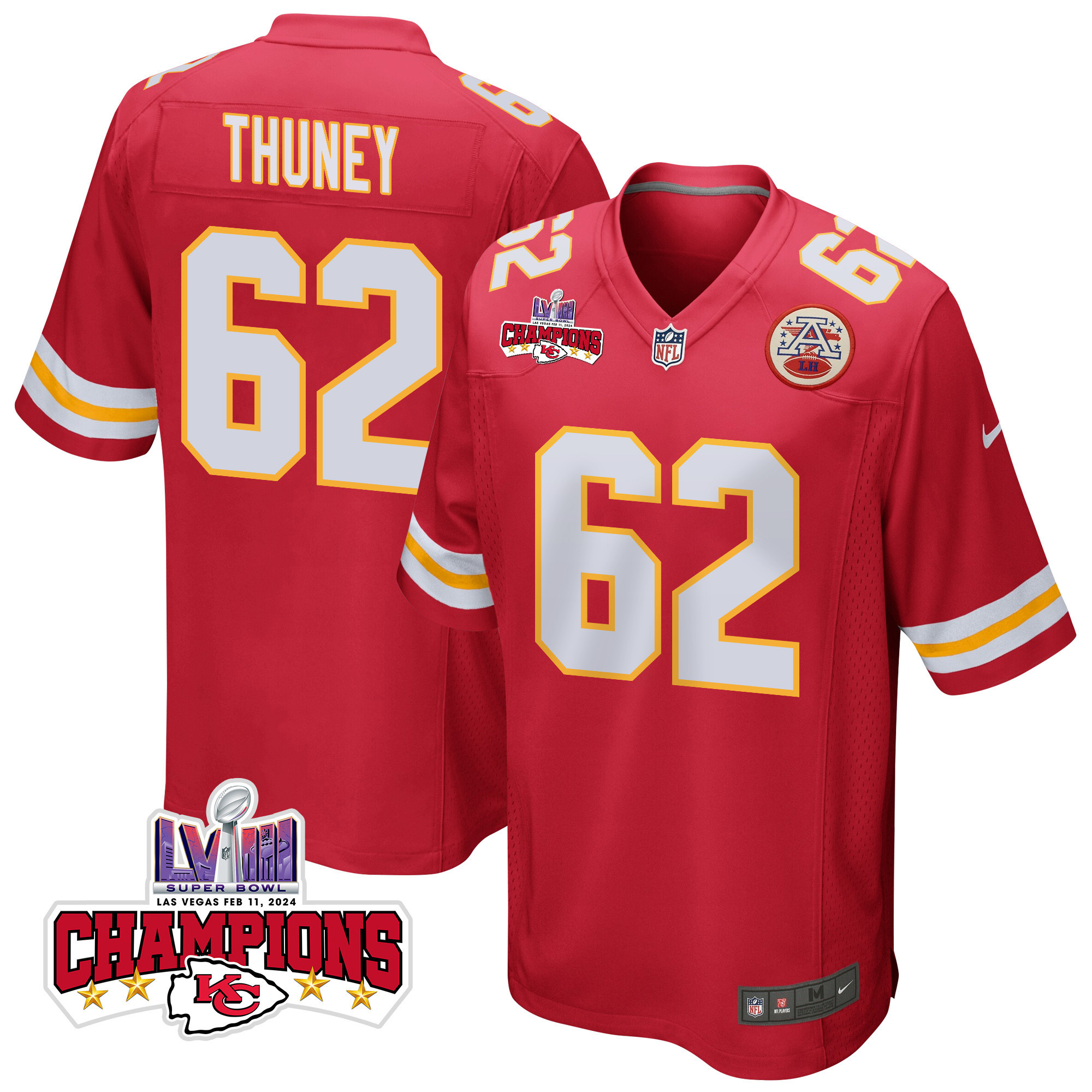 Joe Thuney 62 Kansas City Chiefs Super Bowl LVIII Champions 4 Stars Patch Game Men Jersey - Red