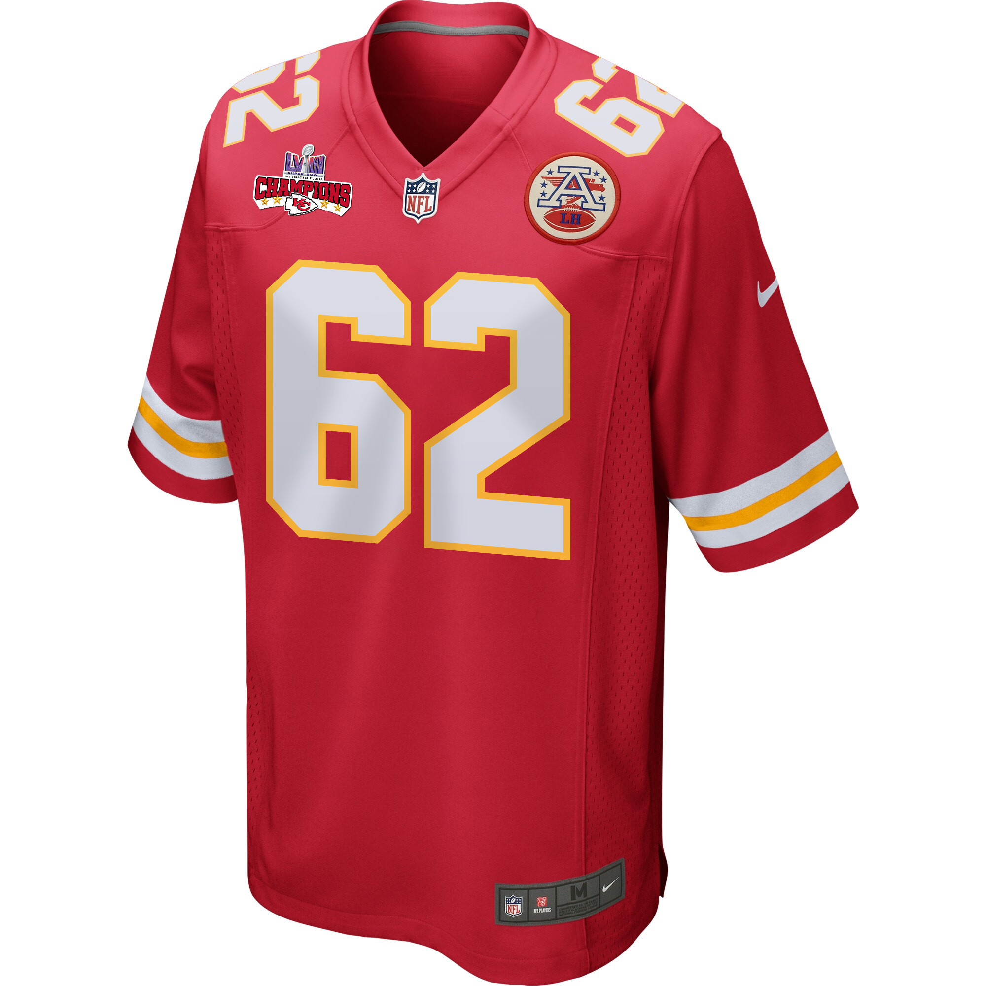 Joe Thuney 62 Kansas City Chiefs Super Bowl LVIII Champions 4 Stars Patch Game Men Jersey – Red