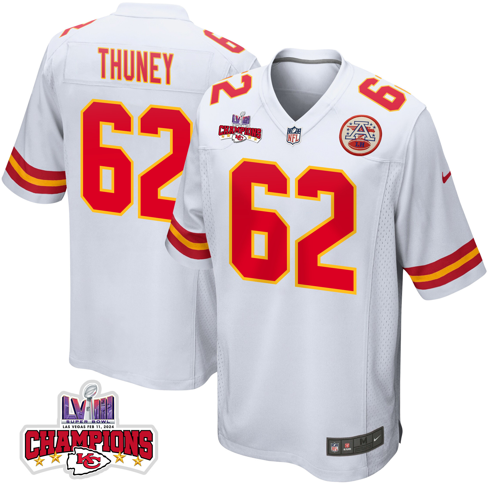 Joe Thuney 62 Kansas City Chiefs Super Bowl LVIII Champions 4 Stars Patch Game Men Jersey - White