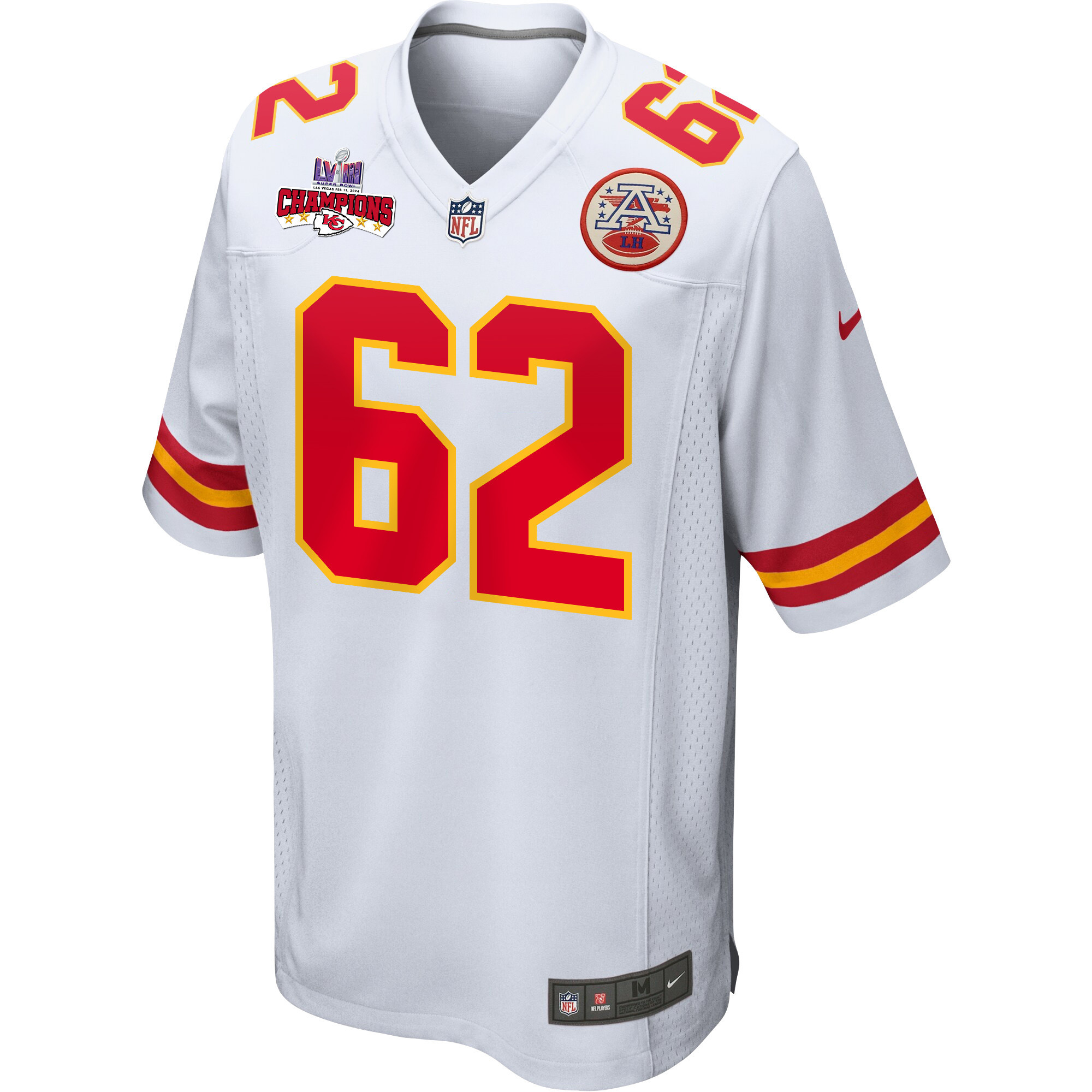 Joe Thuney 62 Kansas City Chiefs Super Bowl LVIII Champions 4 Stars Patch Game Men Jersey – White