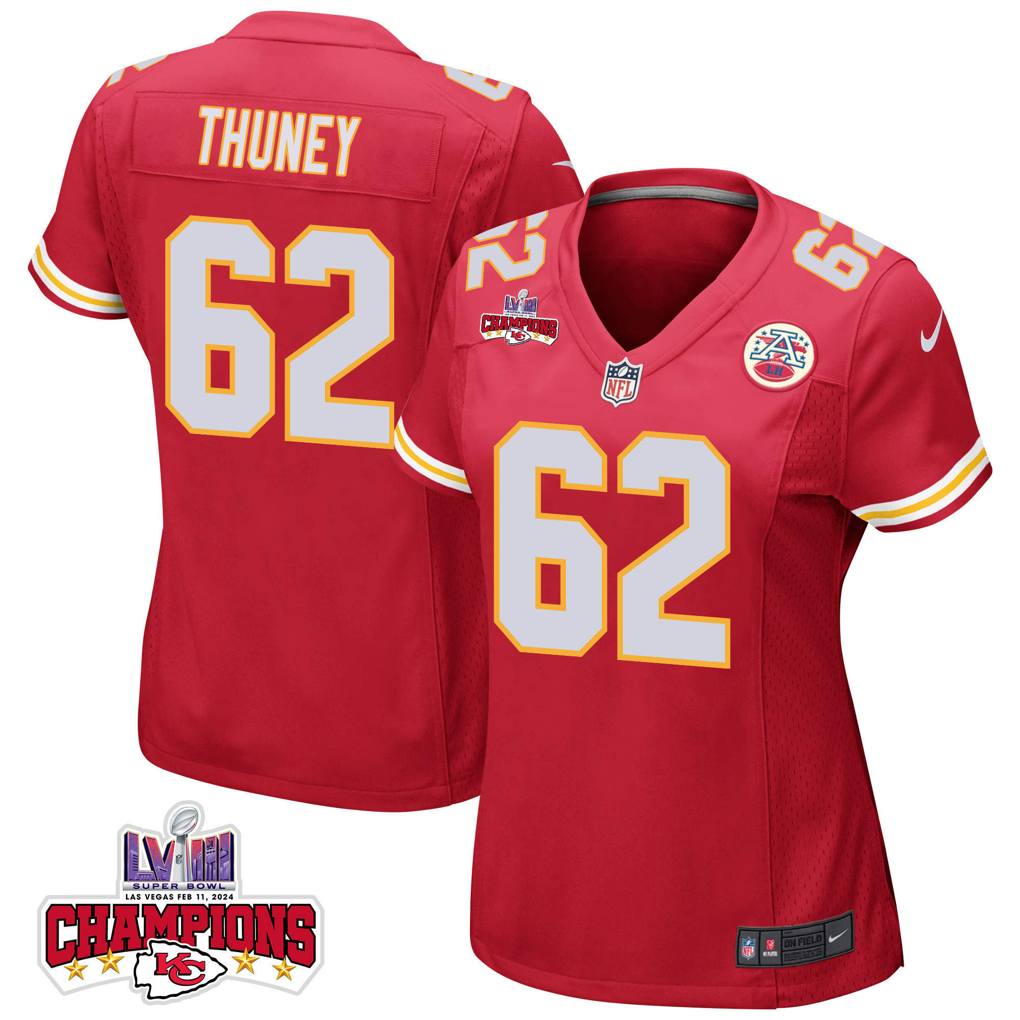 Joe Thuney 62 Kansas City Chiefs Super Bowl LVIII Champions 4 Stars Patch Game Women Jersey - Red