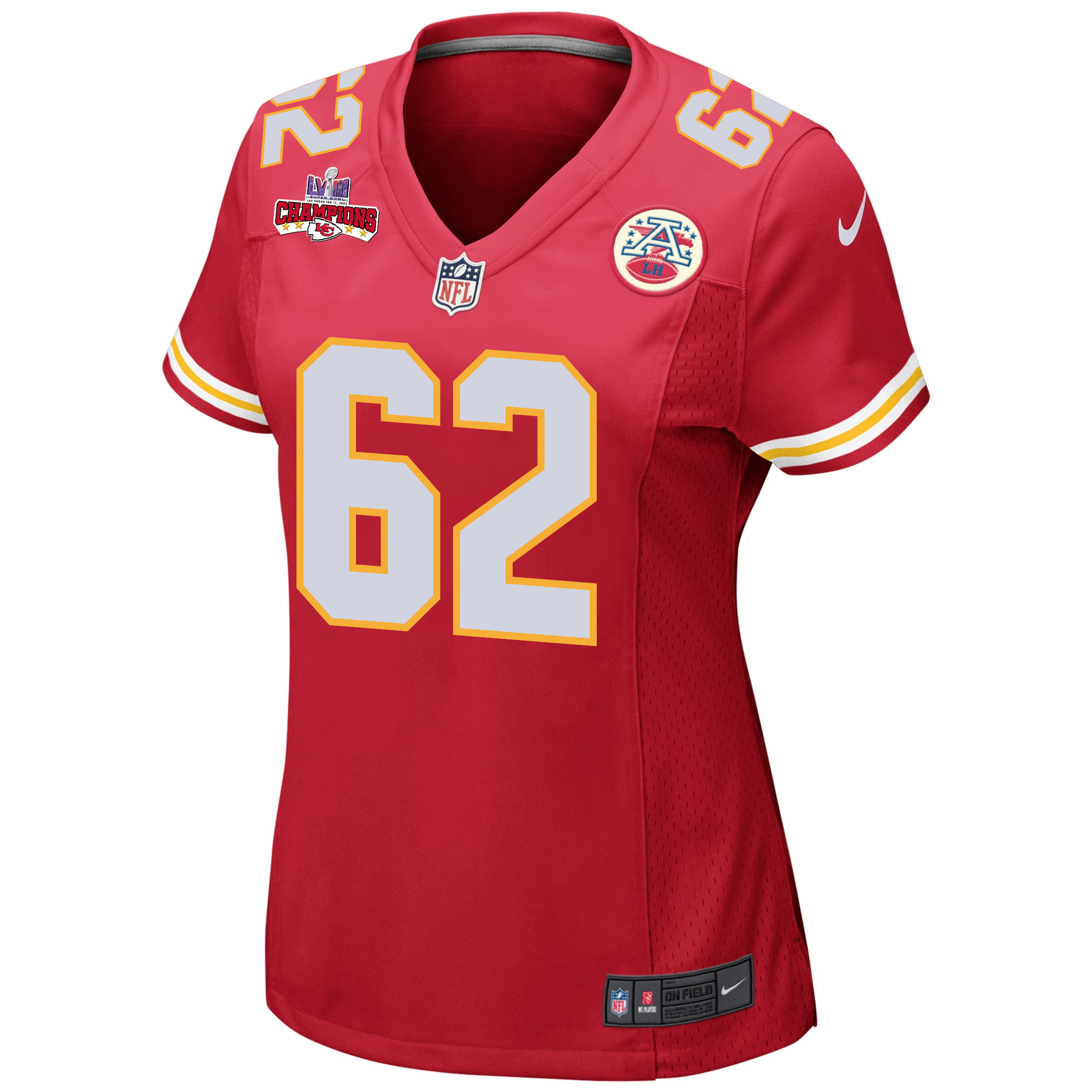 Joe Thuney 62 Kansas City Chiefs Super Bowl LVIII Champions 4 Stars Patch Game Women Jersey – Red