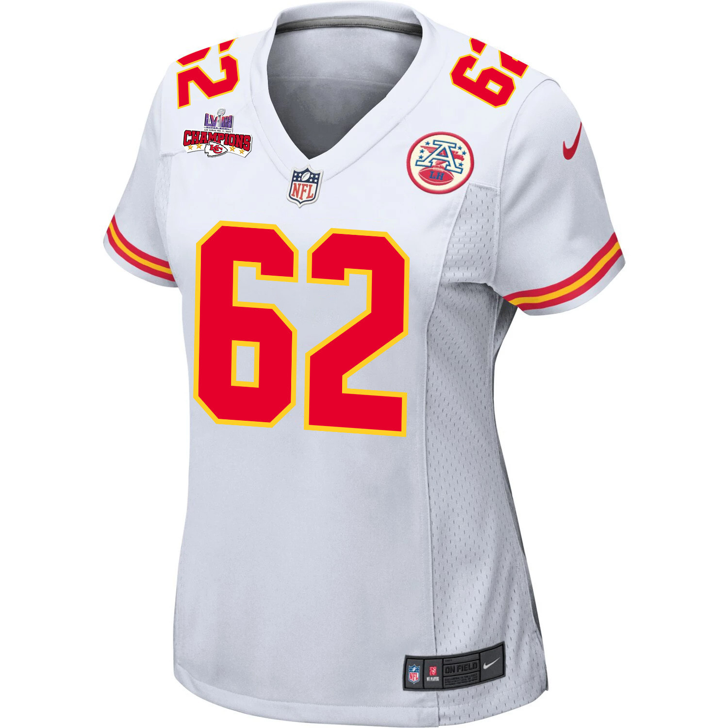Joe Thuney 62 Kansas City Chiefs Super Bowl LVIII Champions 4 Stars Patch Game Women Jersey – White