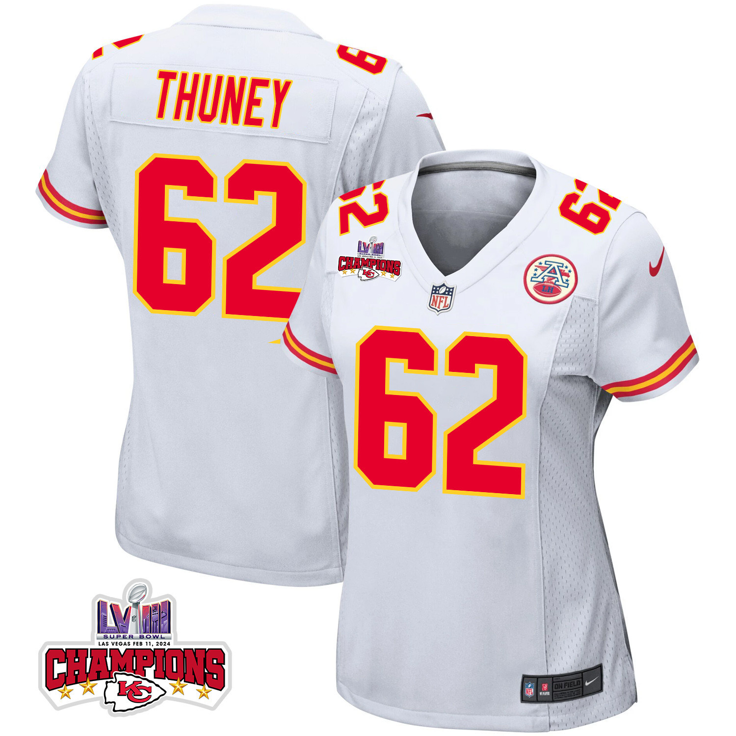 Joe Thuney 62 Kansas City Chiefs Super Bowl LVIII Champions 4 Stars Patch Game Women Jersey - White