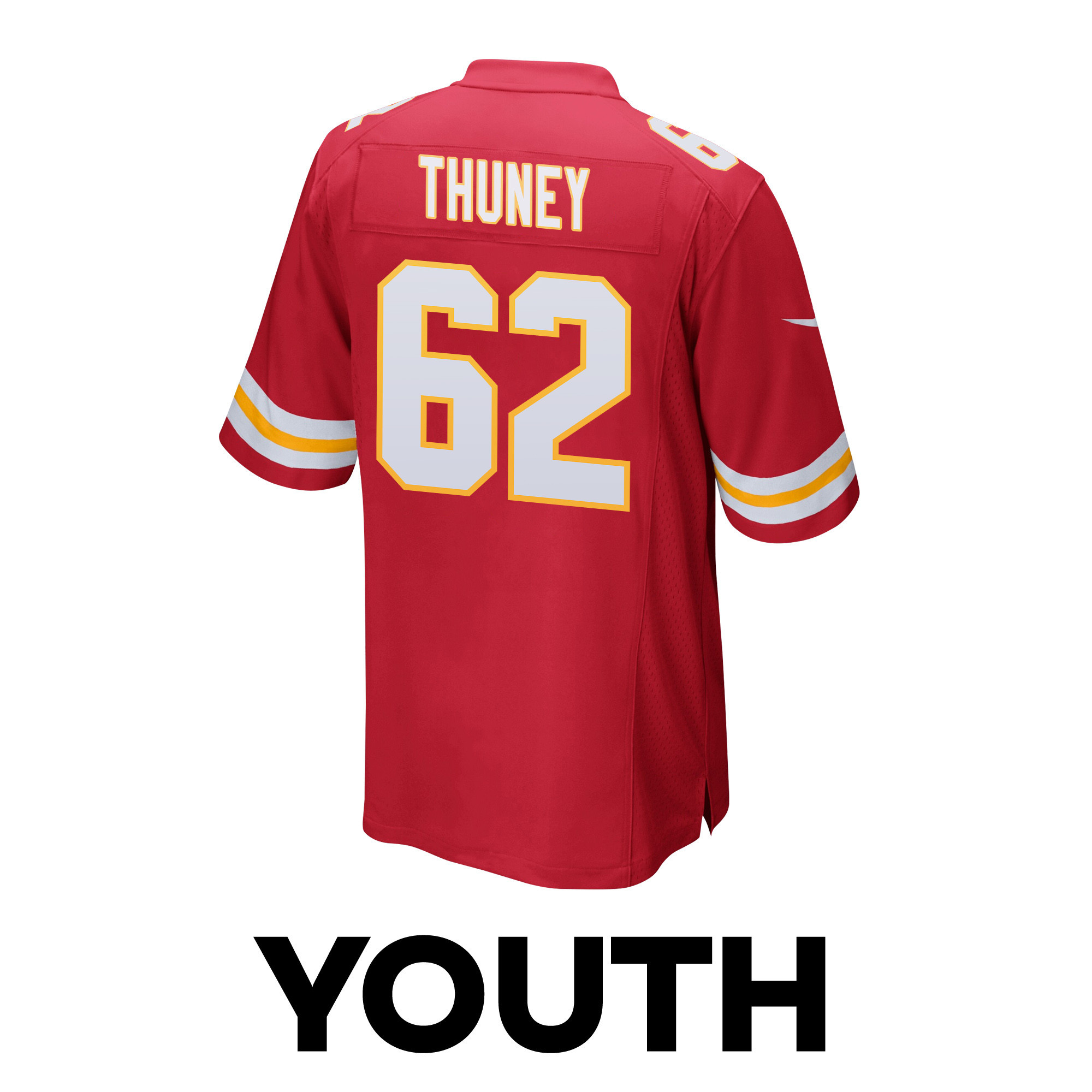 Joe Thuney 62 Kansas City Chiefs Super Bowl LVIII Champions 4 Stars Patch Game YOUTH Jersey - Red