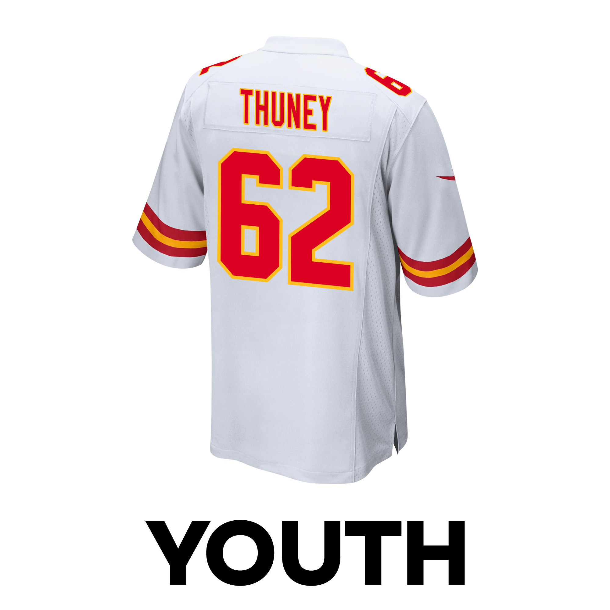 Joe Thuney 62 Kansas City Chiefs Super Bowl LVIII Champions 4 Stars Patch Game YOUTH Jersey - White
