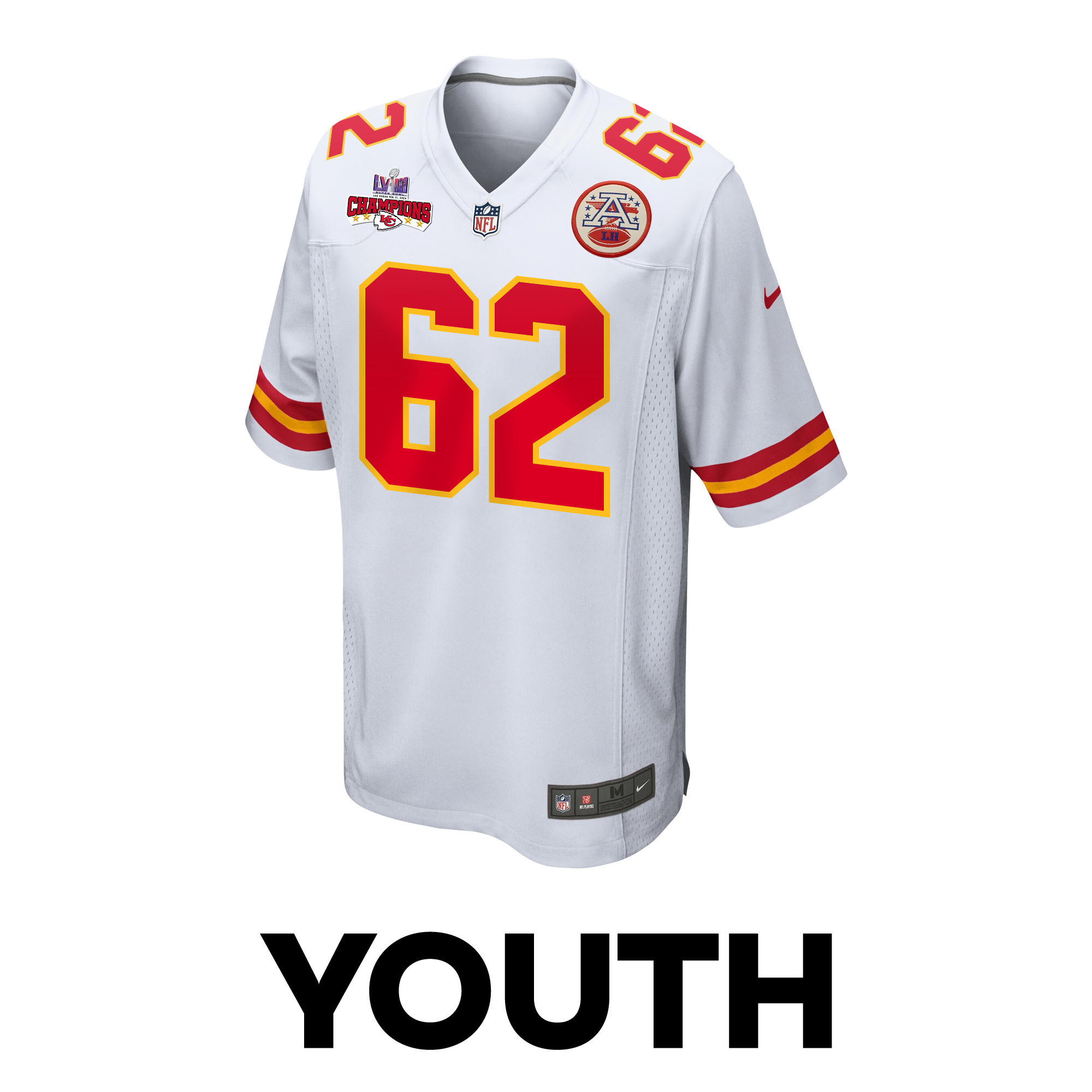 Joe Thuney 62 Kansas City Chiefs Super Bowl LVIII Champions 4 Stars Patch Game YOUTH Jersey – White
