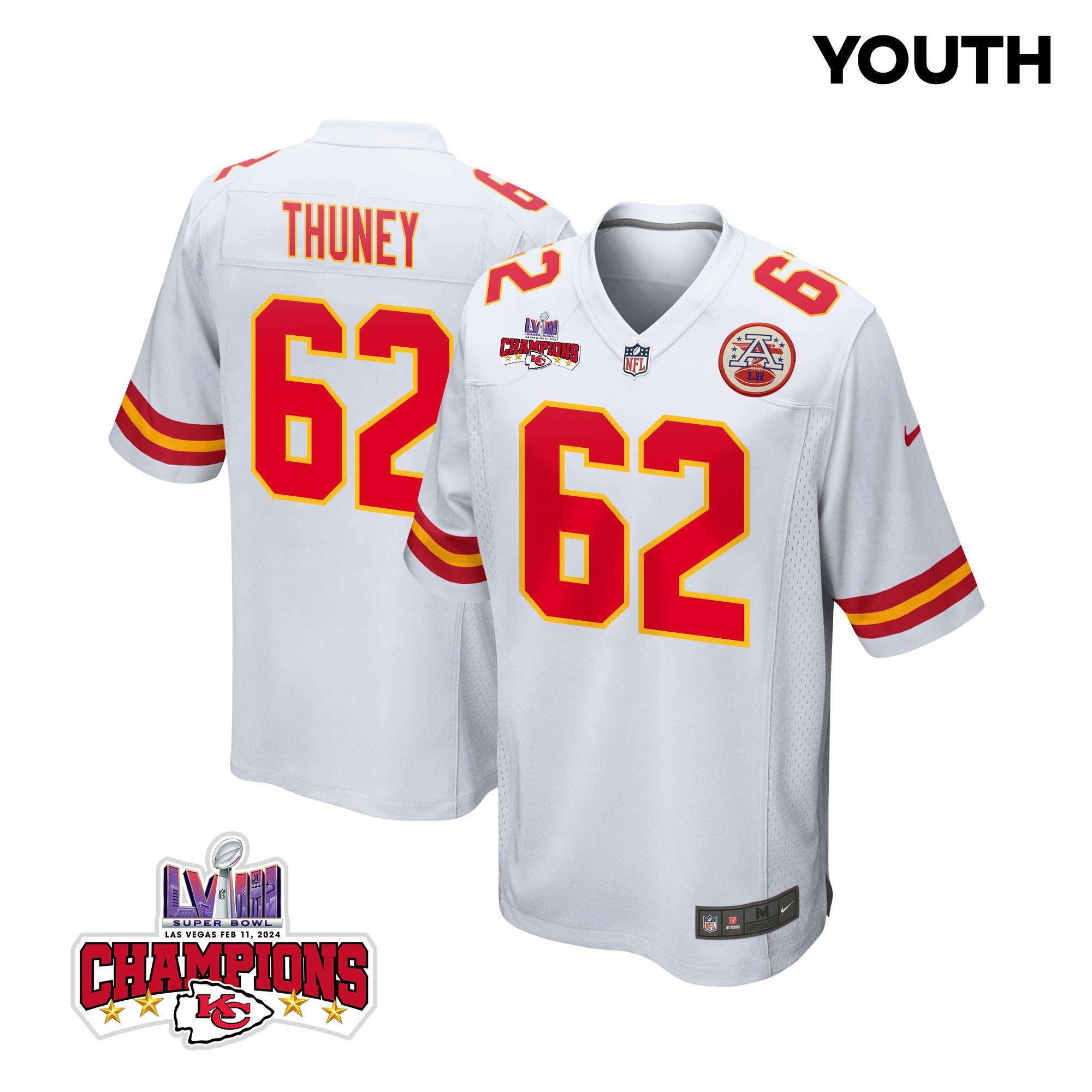 Joe Thuney 62 Kansas City Chiefs Super Bowl LVIII Champions 4 Stars Patch Game YOUTH Jersey - White