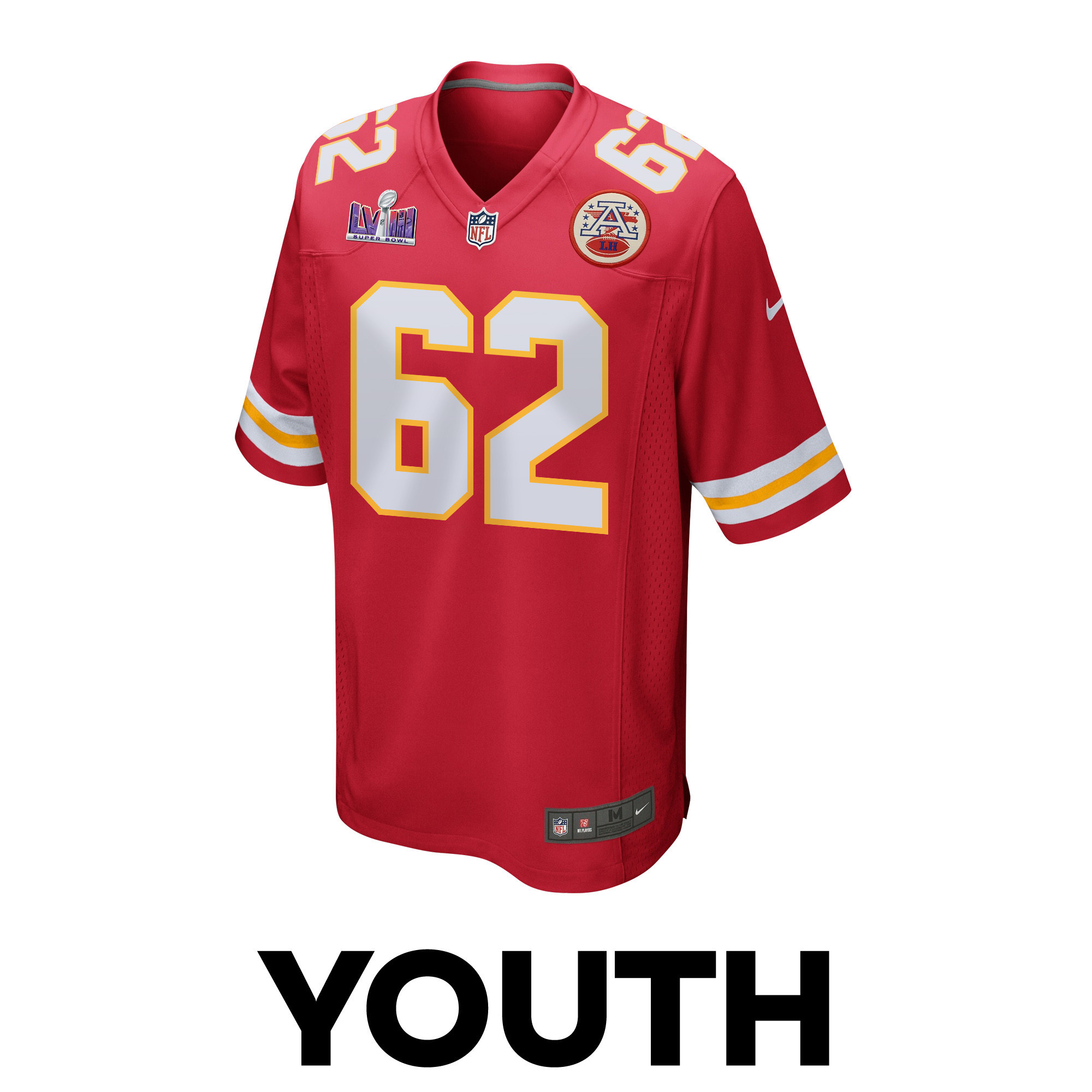 Joe Thuney 62 Kansas City Chiefs Super Bowl LVIII Patch Game YOUTH Jersey – Red