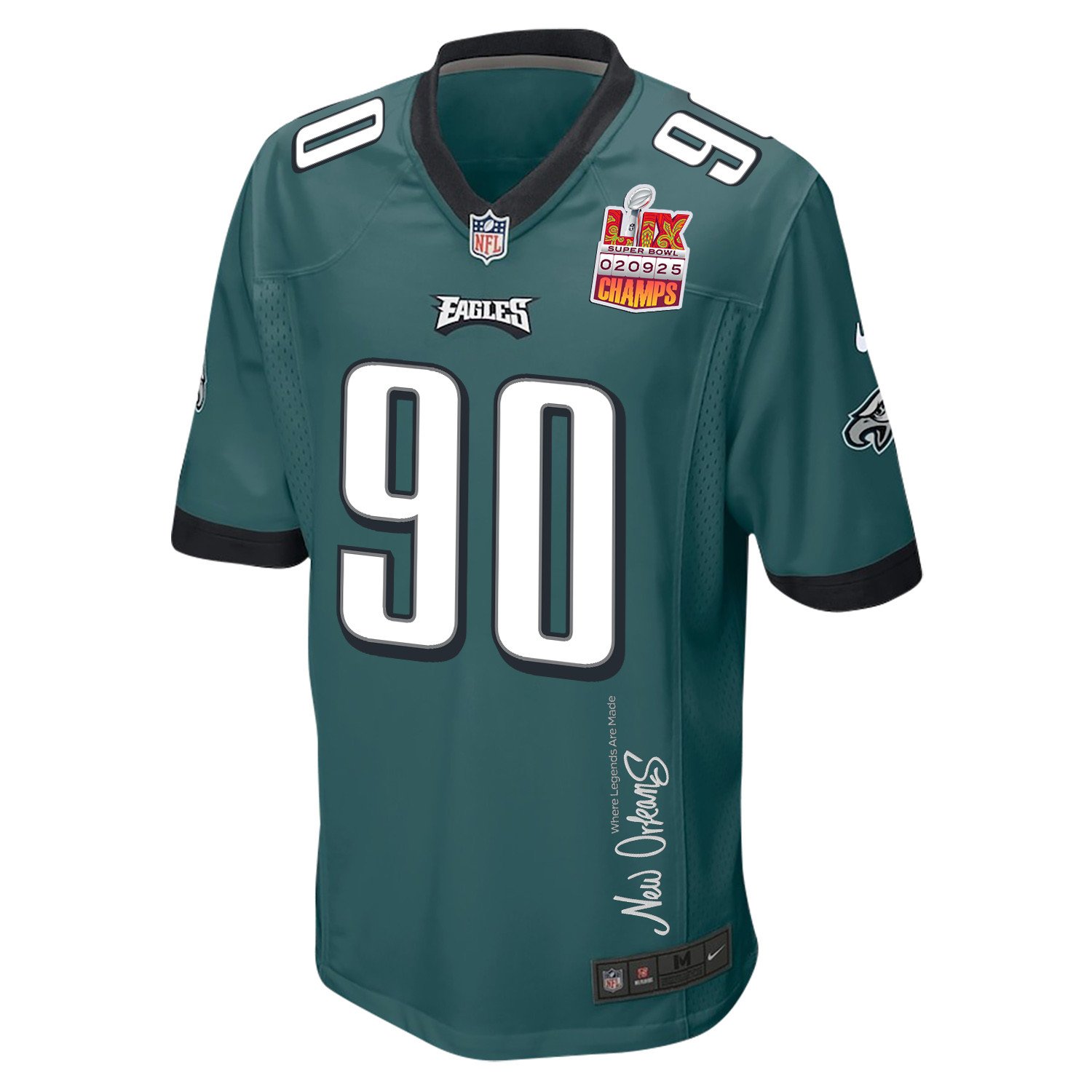 Jordan Davis 90 Philadelphia Eagles Super Bowl LIX Champions Patch 'New Orleans - Where Legends Are Made' EMBROIDERED Game Men Jersey - Midnight Green