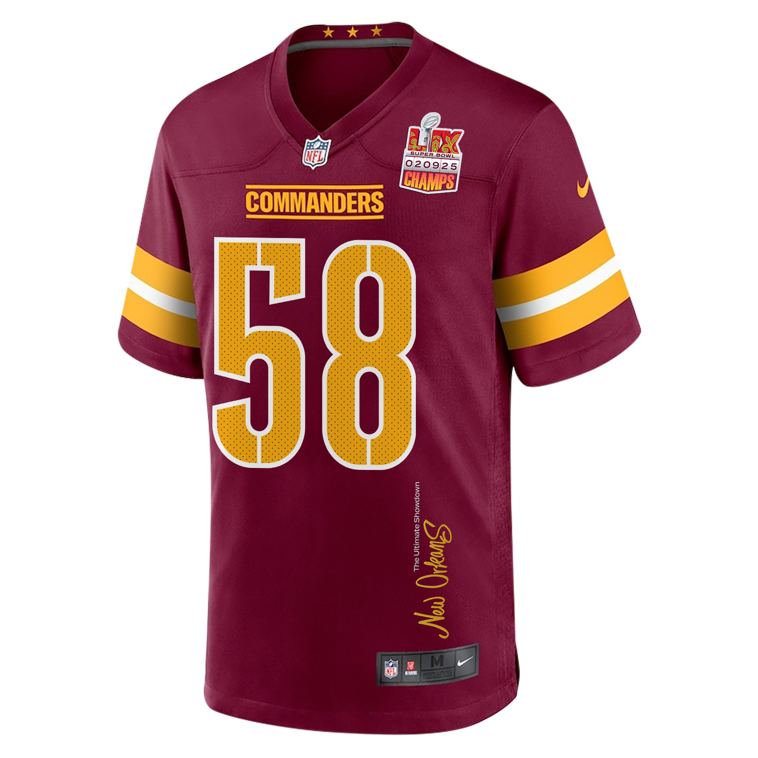 Jordan Magee 58 Washington Commanders Super Bowl LIX Champions Patch 'New Orleans - The Ultimate Showdown' EMBROIDERED Game Men Jersey - Burgundy