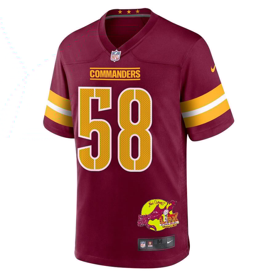 Jordan Magee 58 Washington Commanders Super Bowl LIX New Orleans Patch Game Men Jersey - Burgundy
