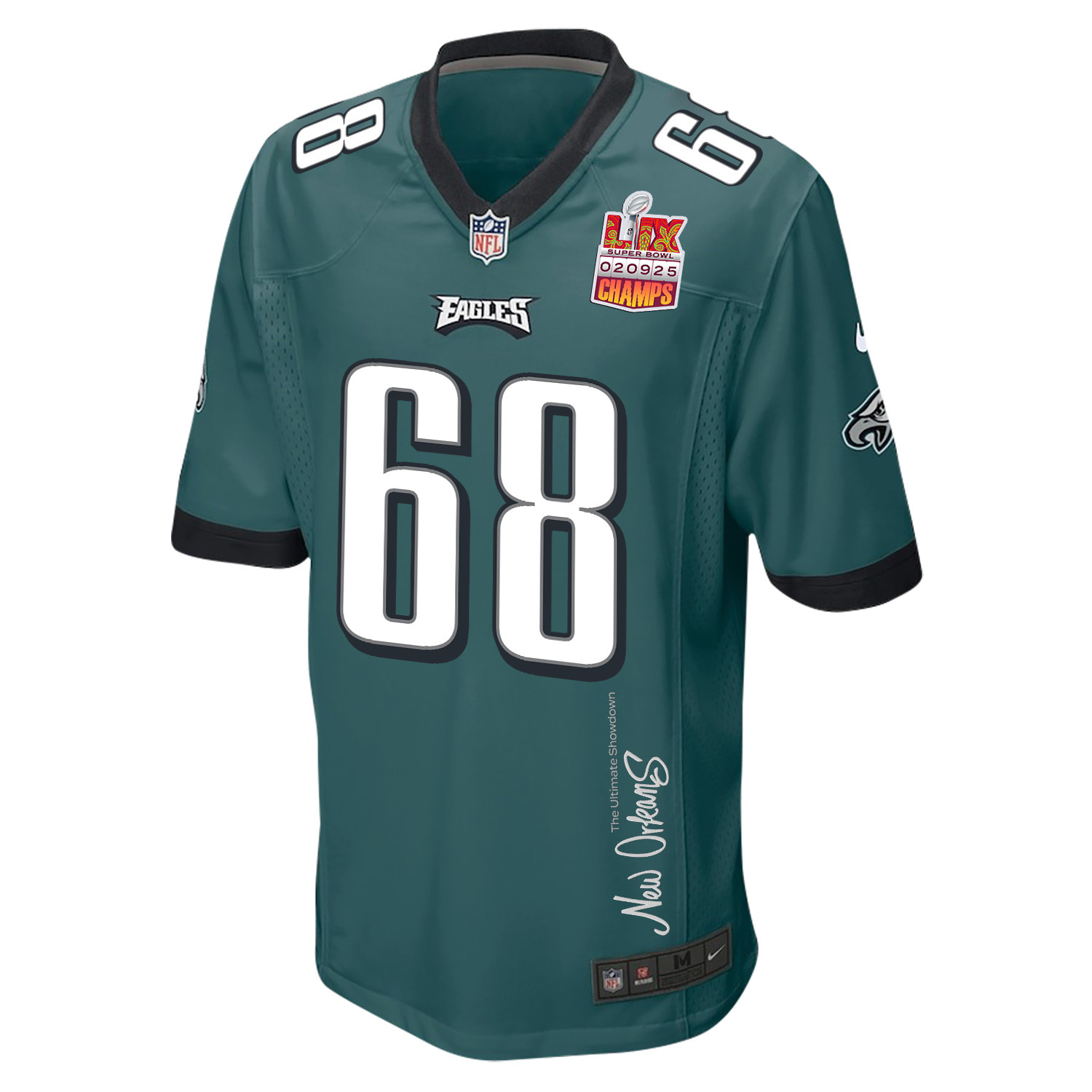 Jordan Mailata 68 Philadelphia Eagles Super Bowl LIX Champions Patch 'New Orleans - The Ultimate Showdown' EMBROIDERED Game Men Jersey - Midnight Green