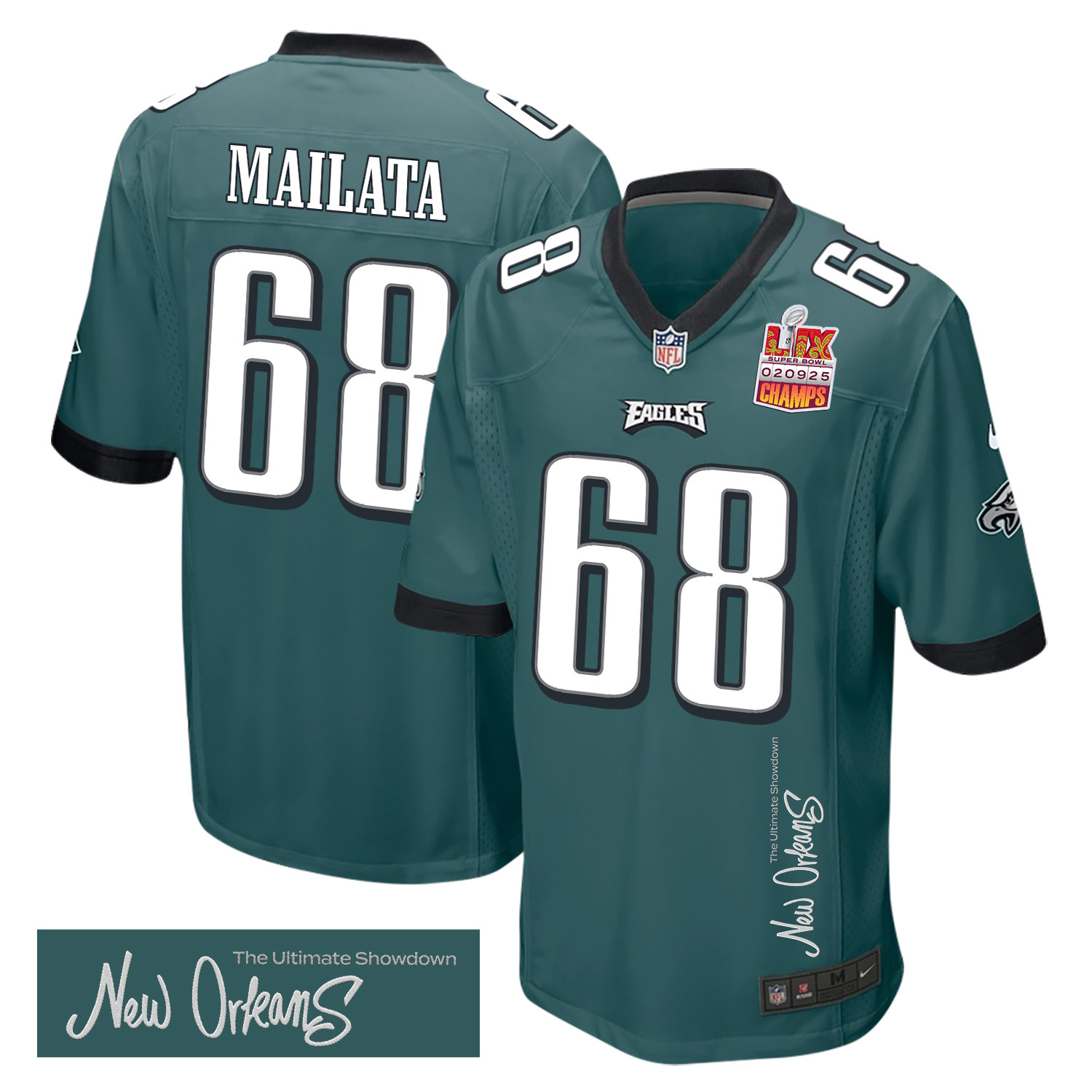 Jordan Mailata 68 Philadelphia Eagles Super Bowl LIX Champions Patch 'New Orleans - The Ultimate Showdown' EMBROIDERED Game Men Jersey - Midnight Green