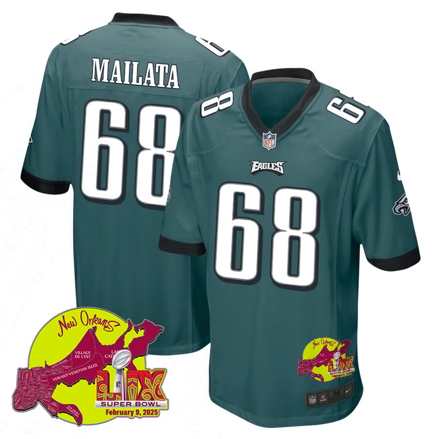 Jordan Mailata 68 Philadelphia Eagles Super Bowl LIX New Orleans Patch Game Men Jersey - Midnight Green