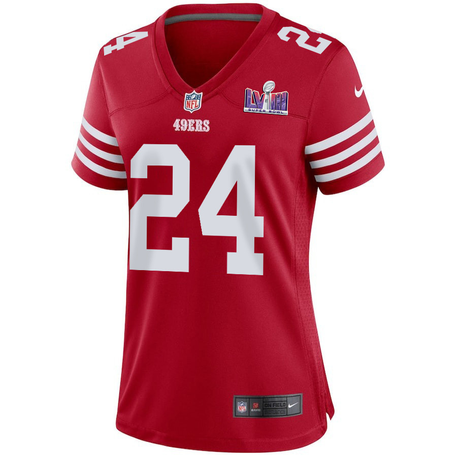 Jordan Mason 24 San Francisco 49ers Super Bowl LVIII Patch Game Women Jersey – Scarlet