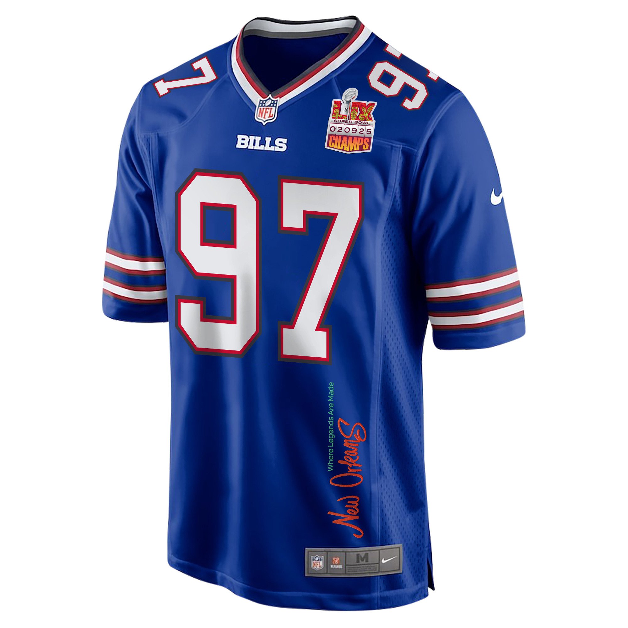 Jordan Phillips 97 Buffalo Bills Super Bowl LIX Champions Patch 'New Orleans - Where Legends Are Made' EMBROIDERED Game Men Jersey - Royal
