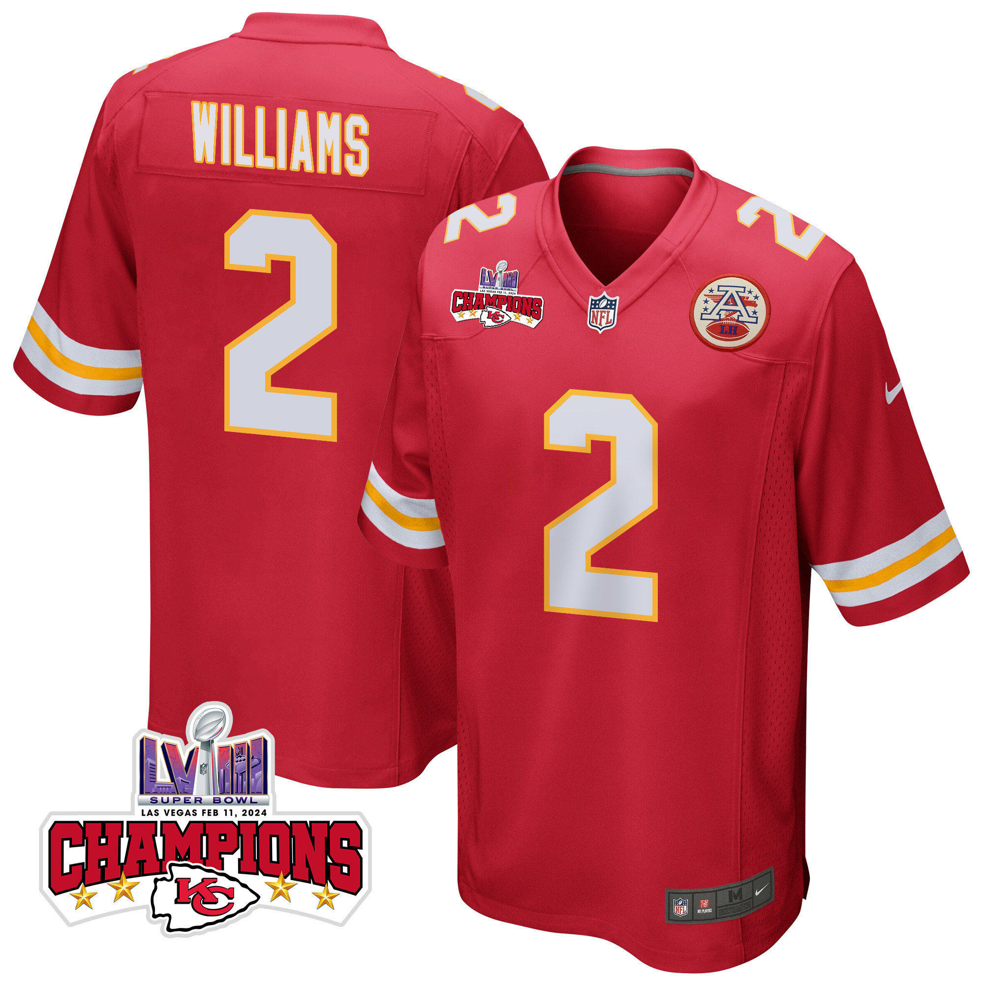Joshua Williams 2 Kansas City Chiefs Super Bowl LVIII Champions 4 Stars Patch Game Men Jersey - Red