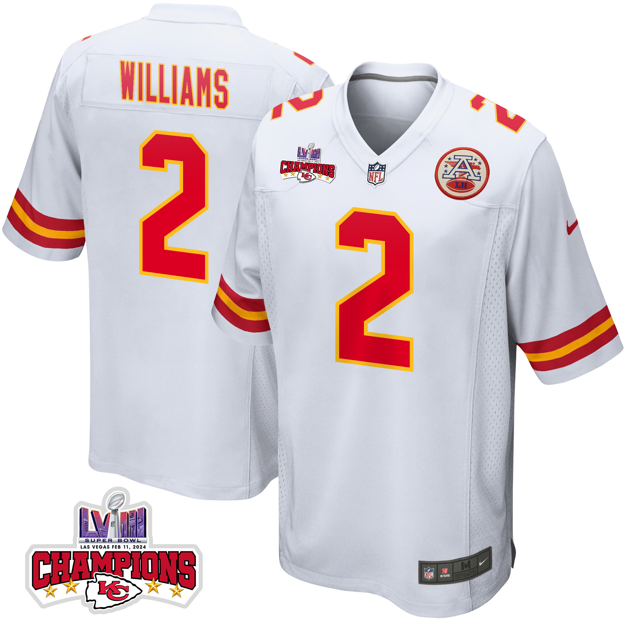 Joshua Williams 2 Kansas City Chiefs Super Bowl LVIII Champions 4 Stars Patch Game Men Jersey - White