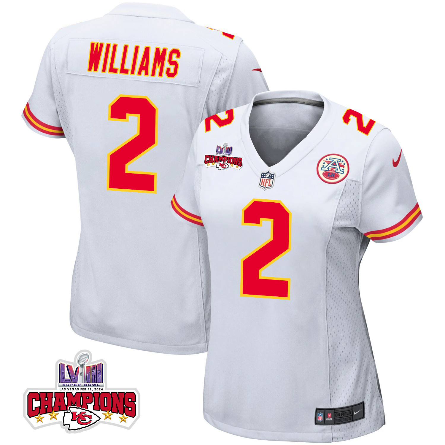 Joshua Williams 2 Kansas City Chiefs Super Bowl LVIII Champions 4 Stars Patch Game Women Jersey - White