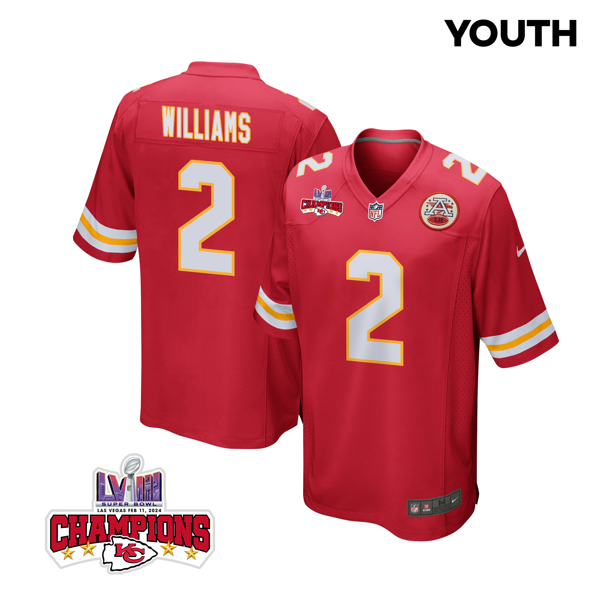 Joshua Williams 2 Kansas City Chiefs Super Bowl LVIII Champions 4 Stars Patch Game YOUTH Jersey - Red
