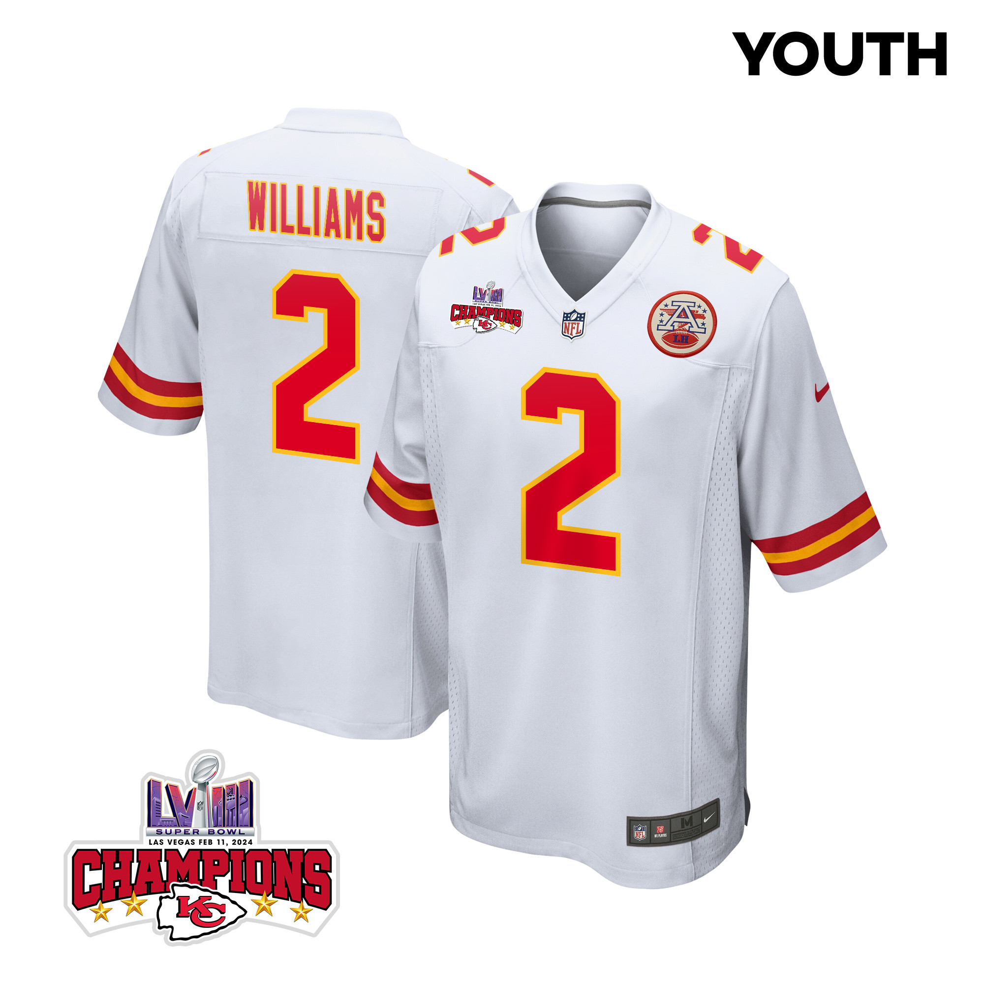 Joshua Williams 2 Kansas City Chiefs Super Bowl LVIII Champions 4 Stars Patch Game YOUTH Jersey - White