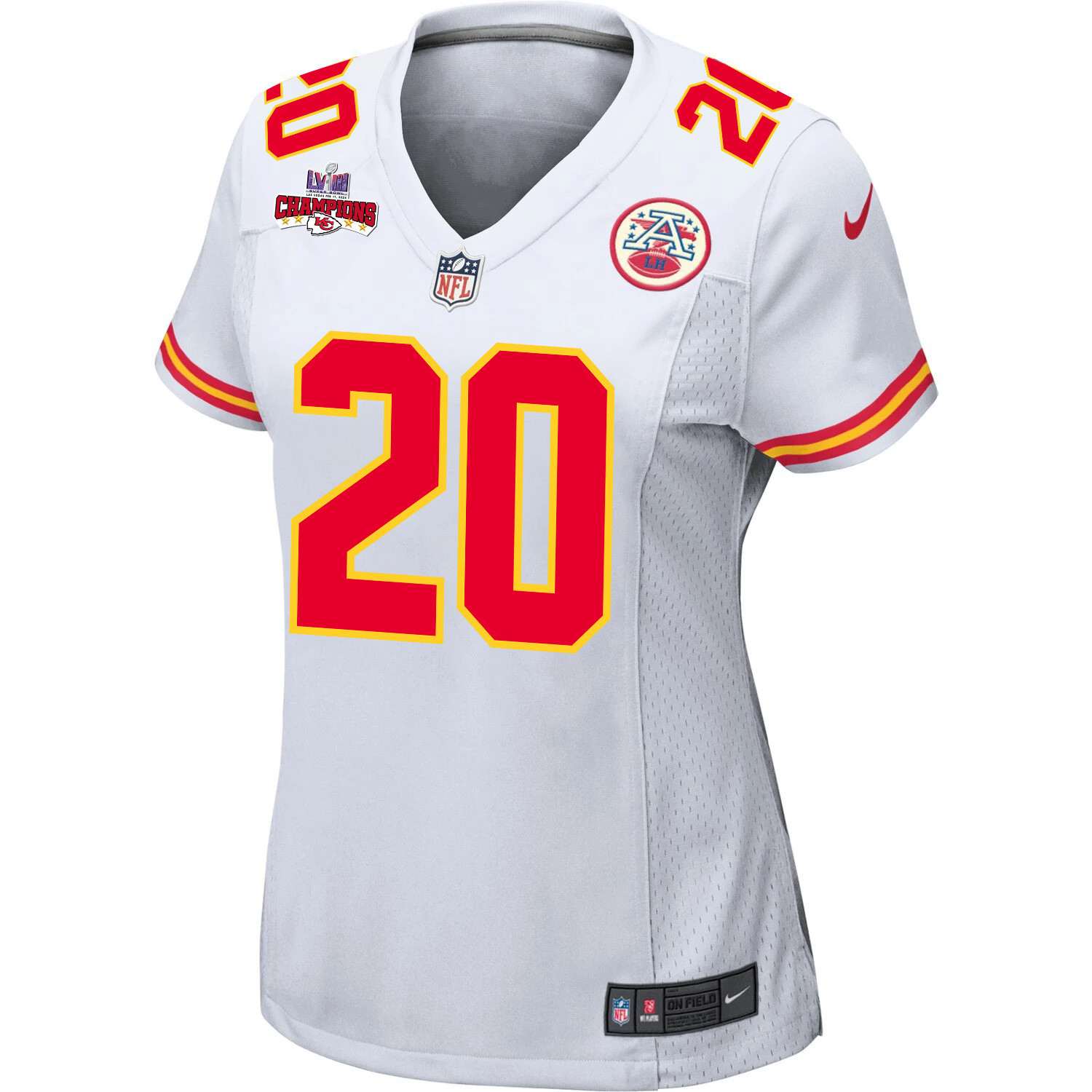 Justin Reid 20 Kansas City Chiefs Super Bowl LVIII Champions 4 Stars Patch Game Women Jersey – White